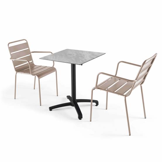 Oviala - Ensemble table 60 cm marbre et 2 fauteuils en métal taupe - Oviala - Imagen 1