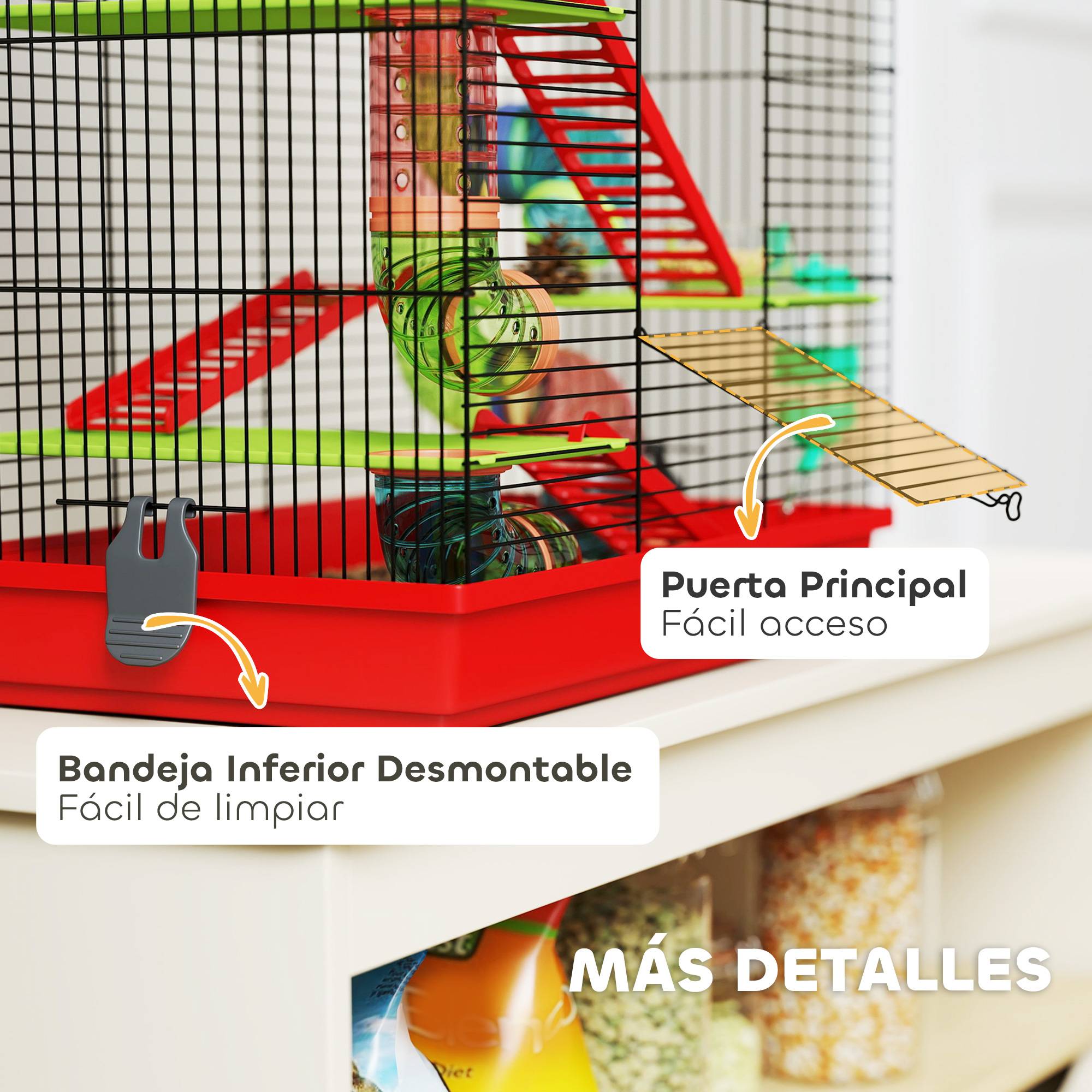 Cage à hamster à 5 niveaux 47x30x59 cm avec tunnel, mangeoire, biberon, maisonnette, roue d'exercice et échelles - Rouge - Image 8