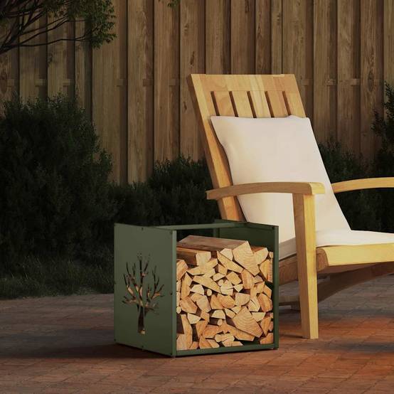 Casier à Bois Décoratif en Acier Vert Olive, Cube de Rangement 40 cm – ComfortXL Outdoor Living - Image 1