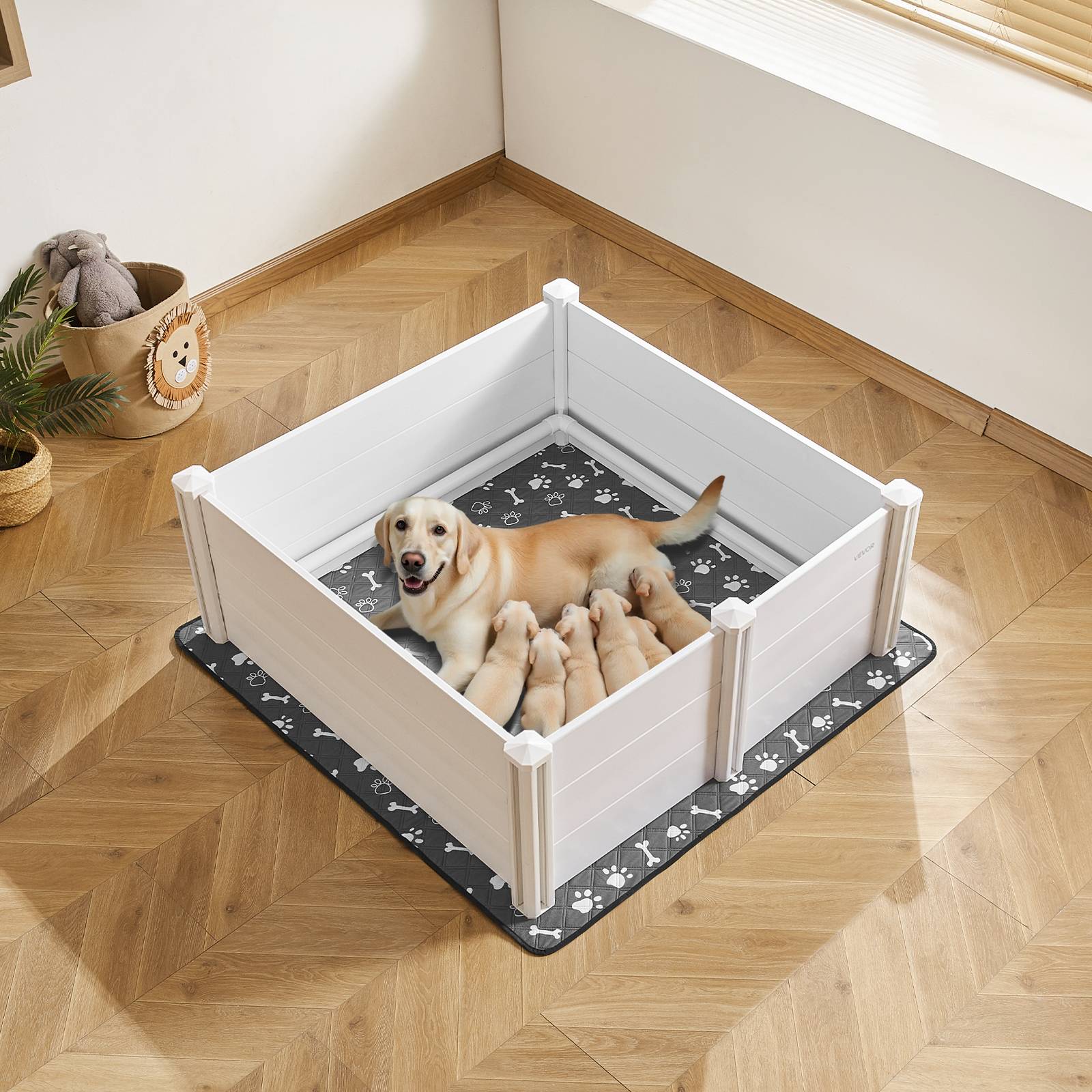 VEVOR Parc mise bas chien, 122x122x46 cm, PVC, porte réglable. Tapis urine lavable. - Image 8