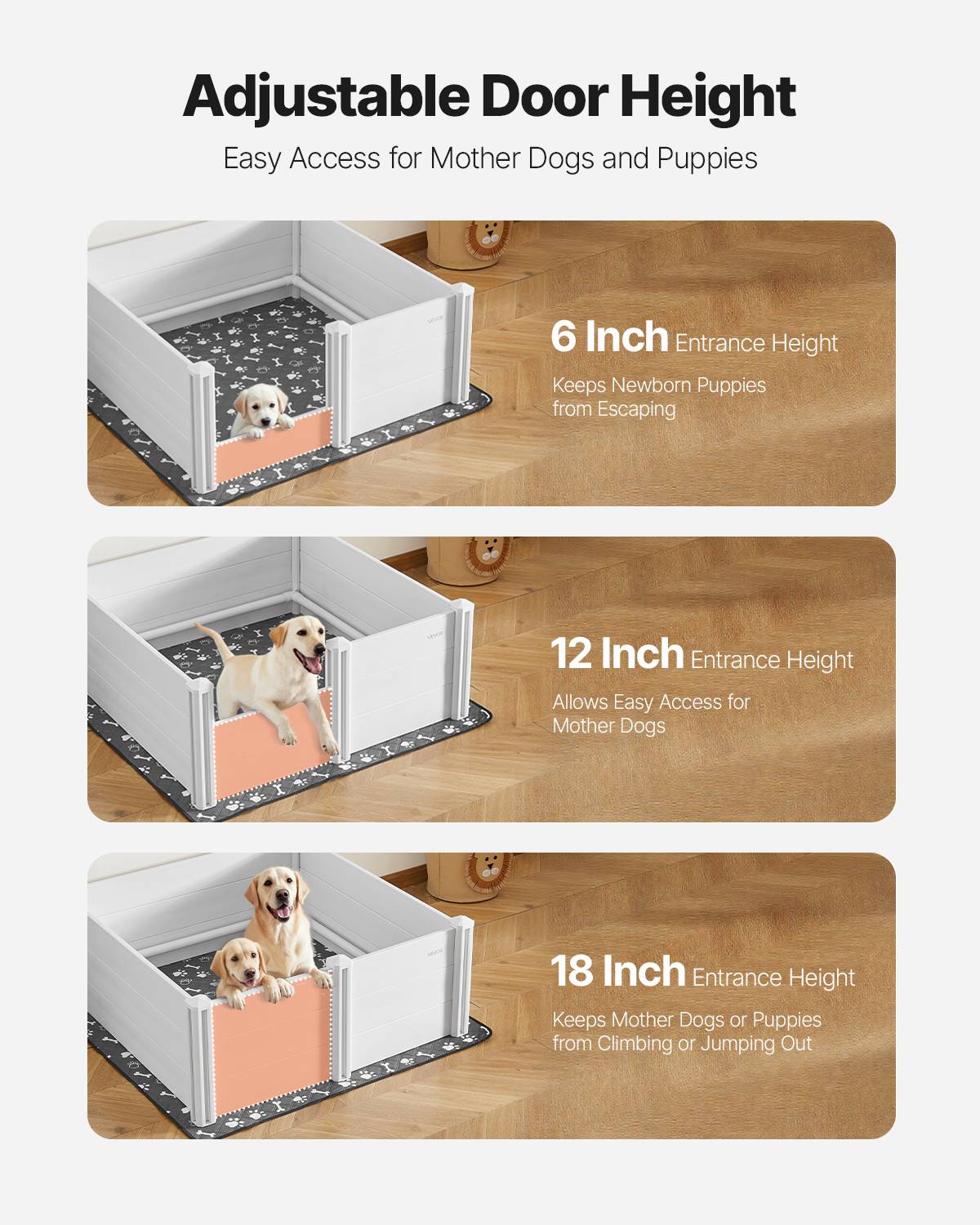 VEVOR Parc mise bas chien, 122x122x46 cm, PVC, porte réglable. Tapis urine lavable. - Image 4