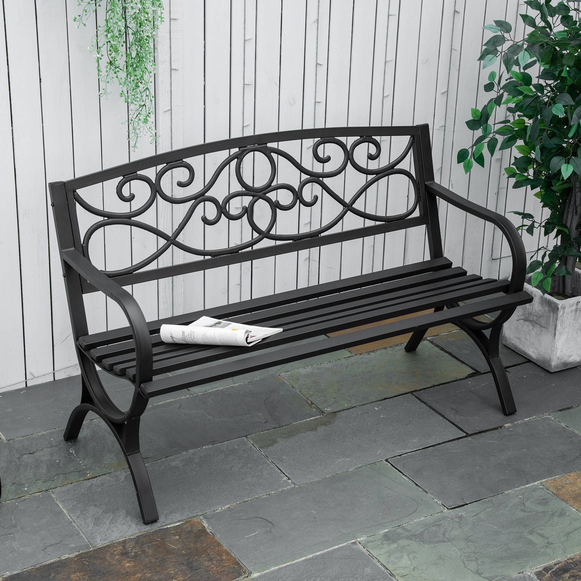 Outsunny - Banc de jardin 2 places style néo-rétro fer forgé dim. 128L x 58l x 85H cm acier époxy fonte noir - Outsunny - Imagen 2