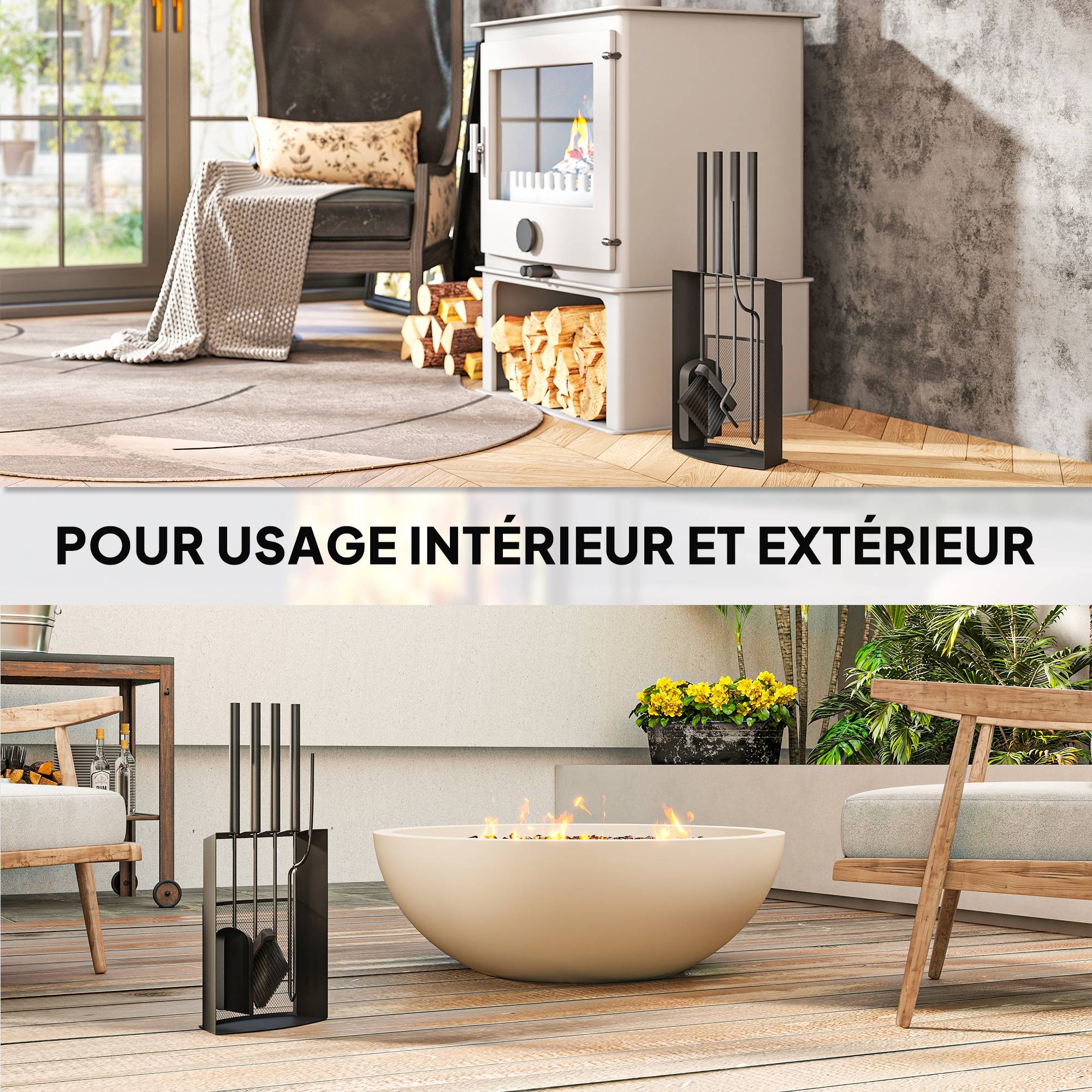 ComfortXL - Serviteur de cheminée 5 pièces en métal noir 28 x 13 x 59,5 cm avec support et pinces pour entretien du foyer - Image 6