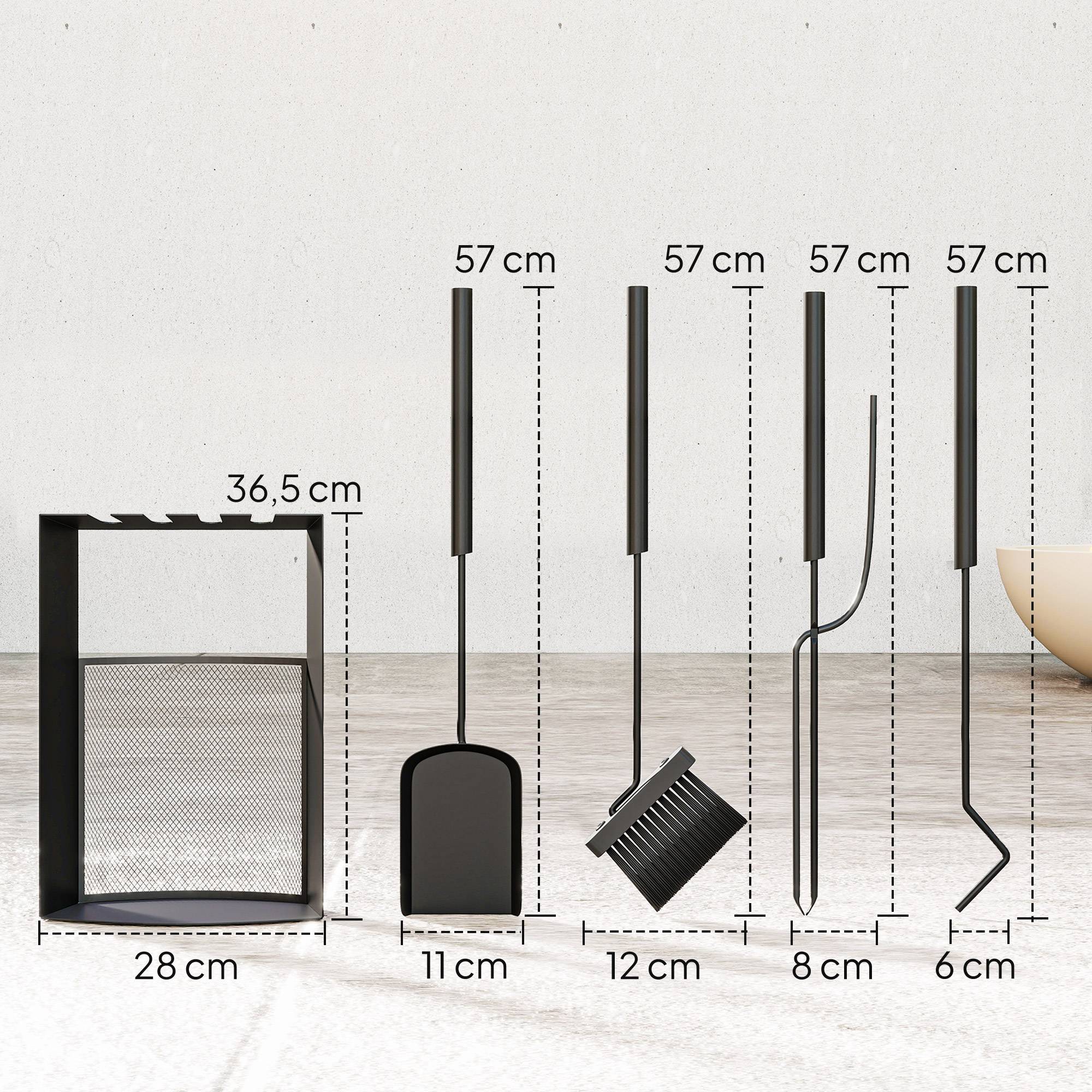 ComfortXL - Serviteur de cheminée 5 pièces en métal noir 28 x 13 x 59,5 cm avec support et pinces pour entretien du foyer - Image 3