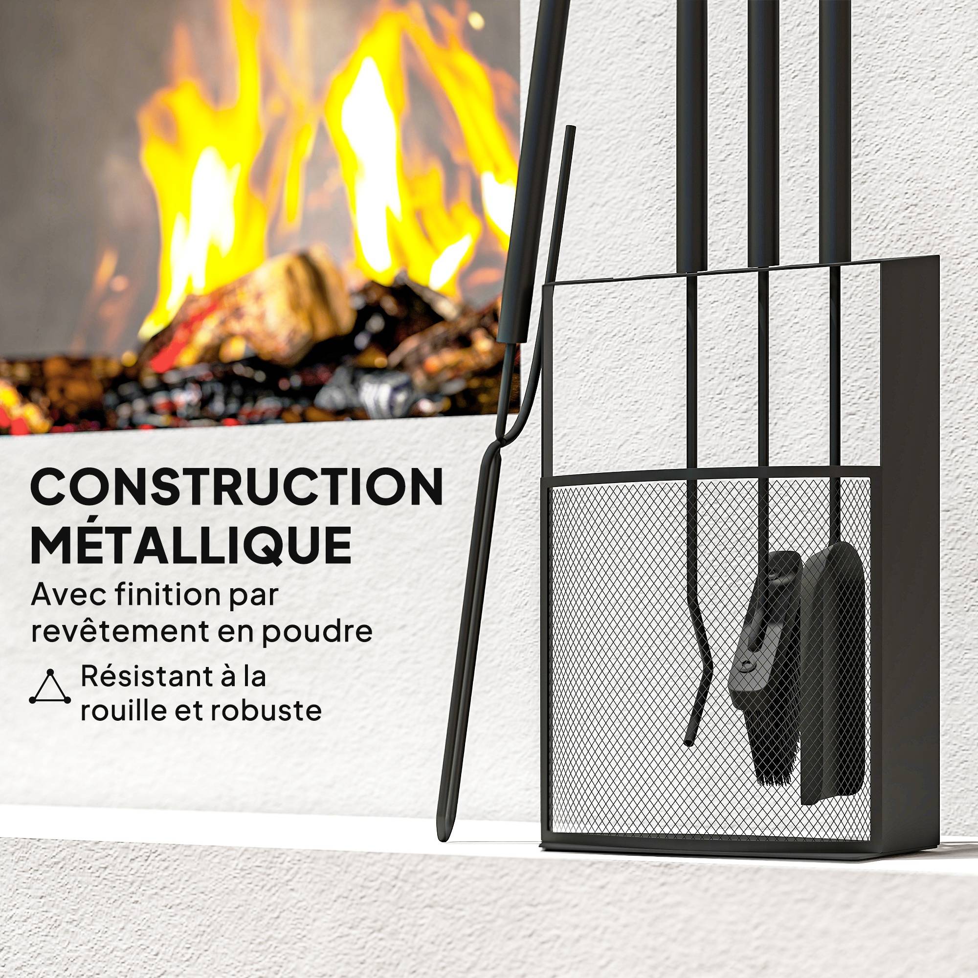 ComfortXL - Serviteur de cheminée 5 pièces en métal noir 28 x 13 x 59,5 cm avec support et pinces pour entretien du foyer - Image 5