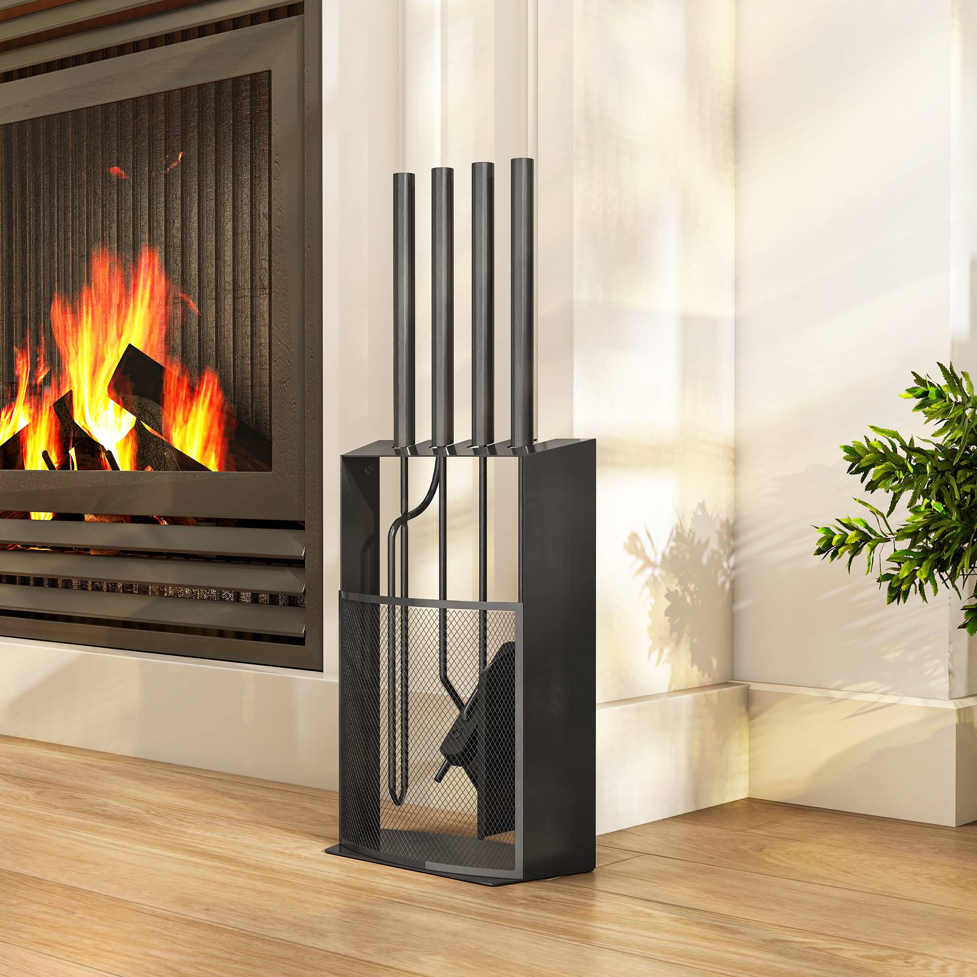 ComfortXL - Serviteur de cheminée 5 pièces en métal noir 28 x 13 x 59,5 cm avec support et pinces pour entretien du foyer - Image 1