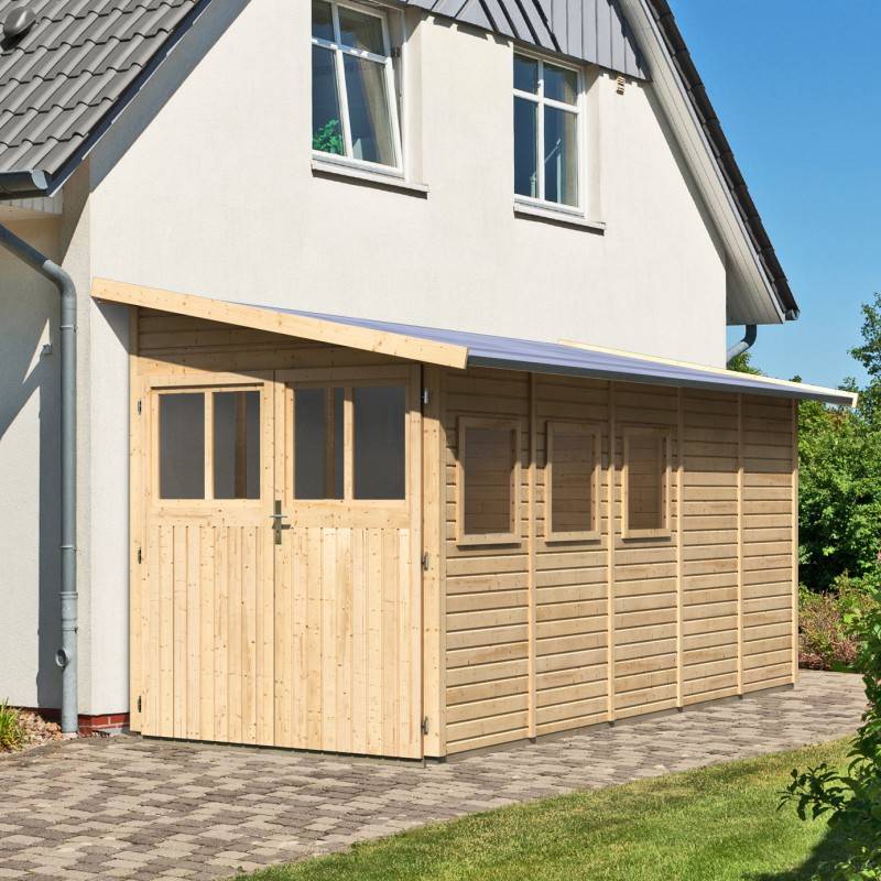 Abri de jardin adossé 8m² bois massif 19mm embase traitée Karibu Juist 5 marron - Image 6