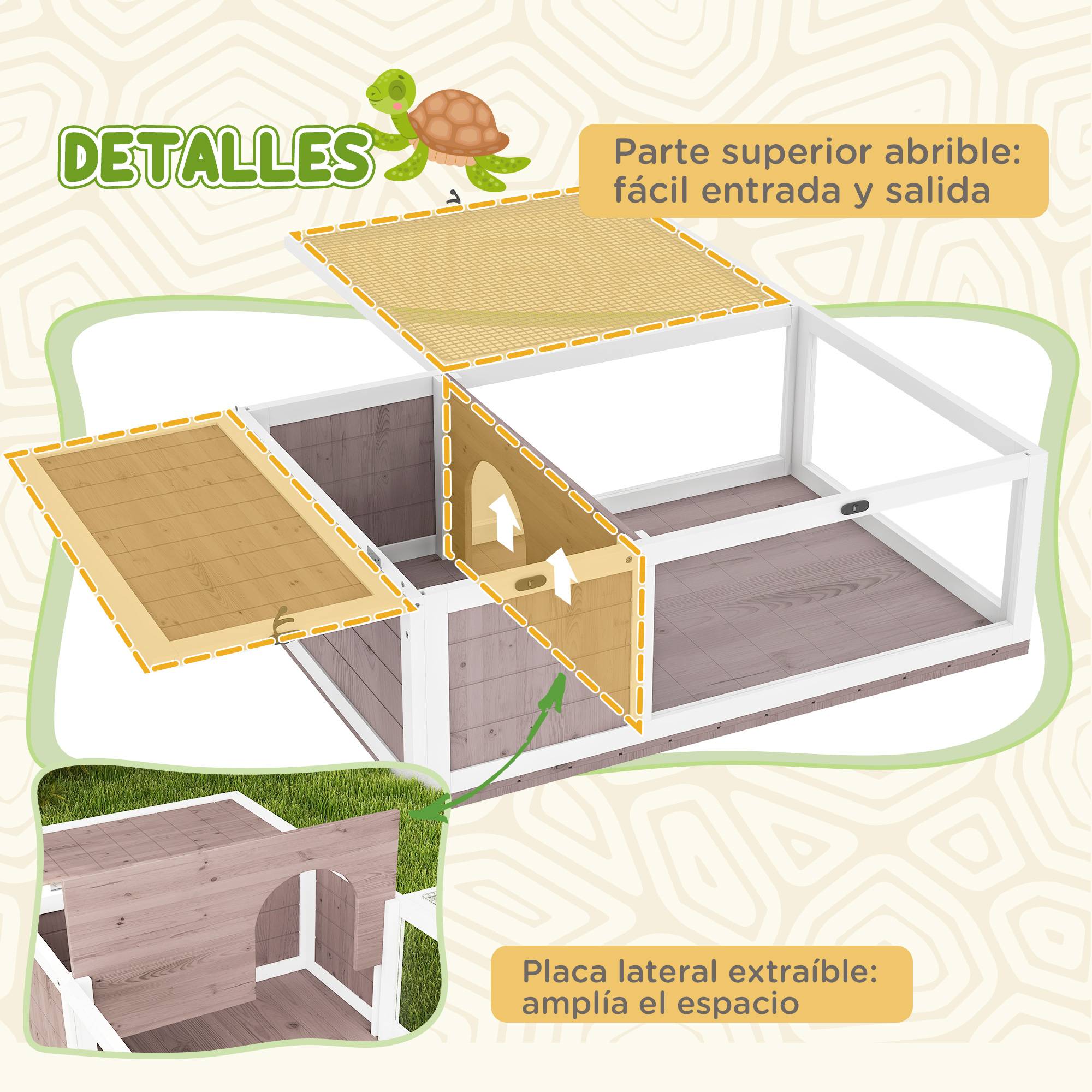 Maison pour tortues en bois avec toit grillagé et panneaux latéraux transparents amovibles, 91x60,5x32 cm, marron clair - Image 7