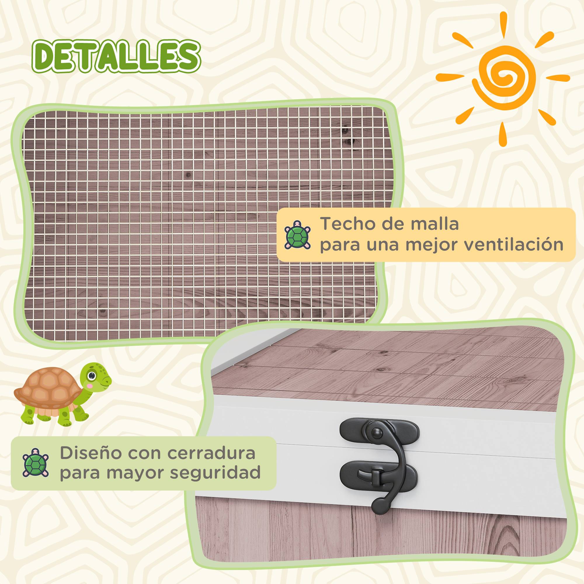 Maison pour tortues en bois avec toit grillagé et panneaux latéraux transparents amovibles, 91x60,5x32 cm, marron clair - Image 8