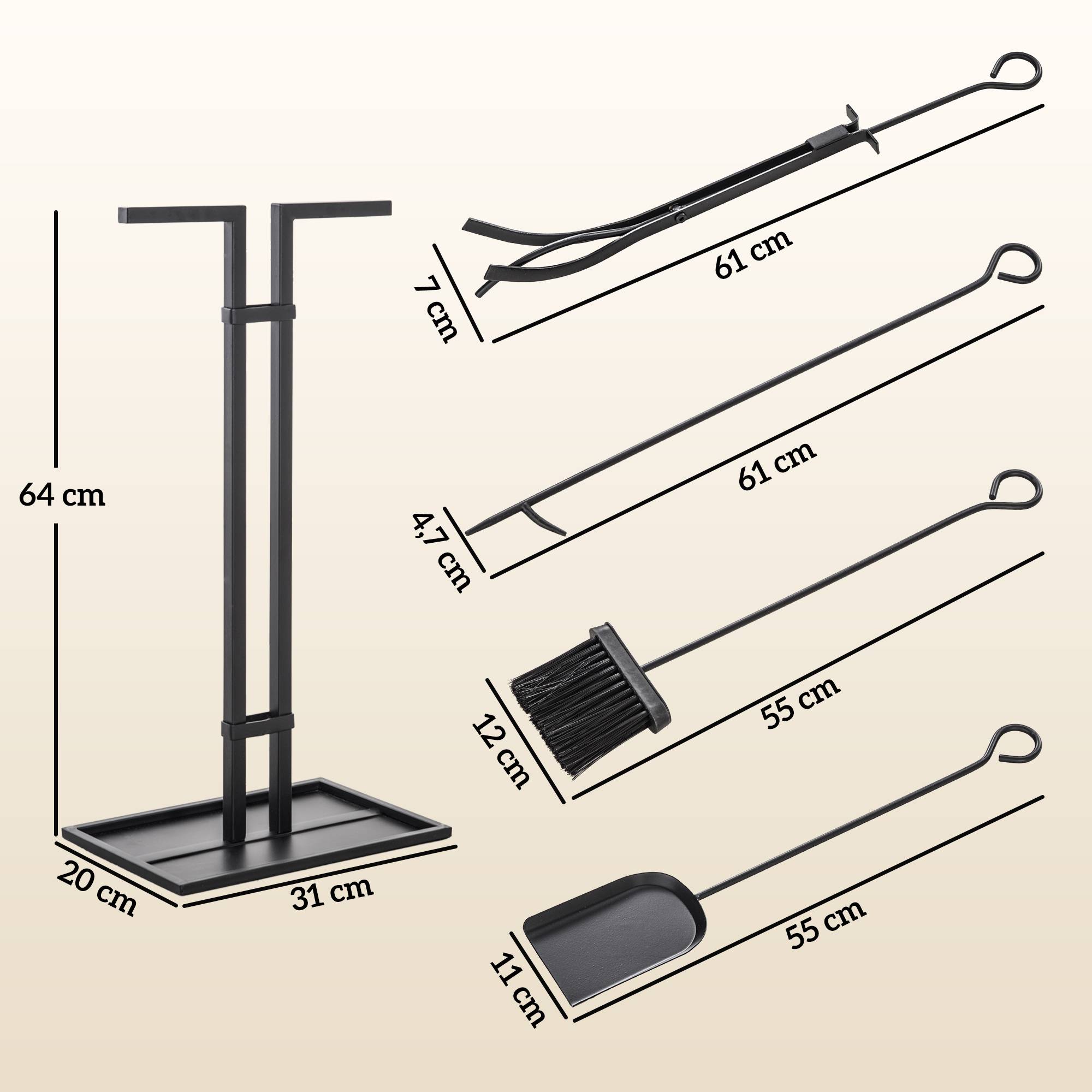 ComfortXL - Serviteur de cheminée 5 pièces en métal noir avec support rectangulaire 31 x 20 cm pour ranger les outils du foyer - Image 3