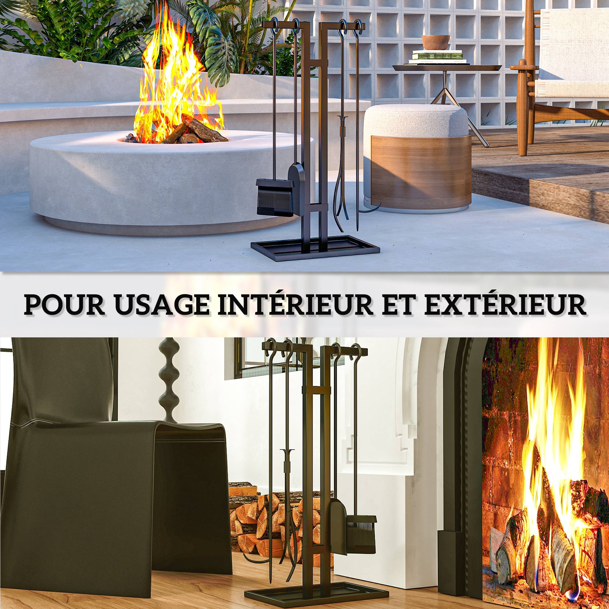 ComfortXL - Serviteur de cheminée 5 pièces en métal noir avec support rectangulaire 31 x 20 cm pour ranger les outils du foyer - Image 6