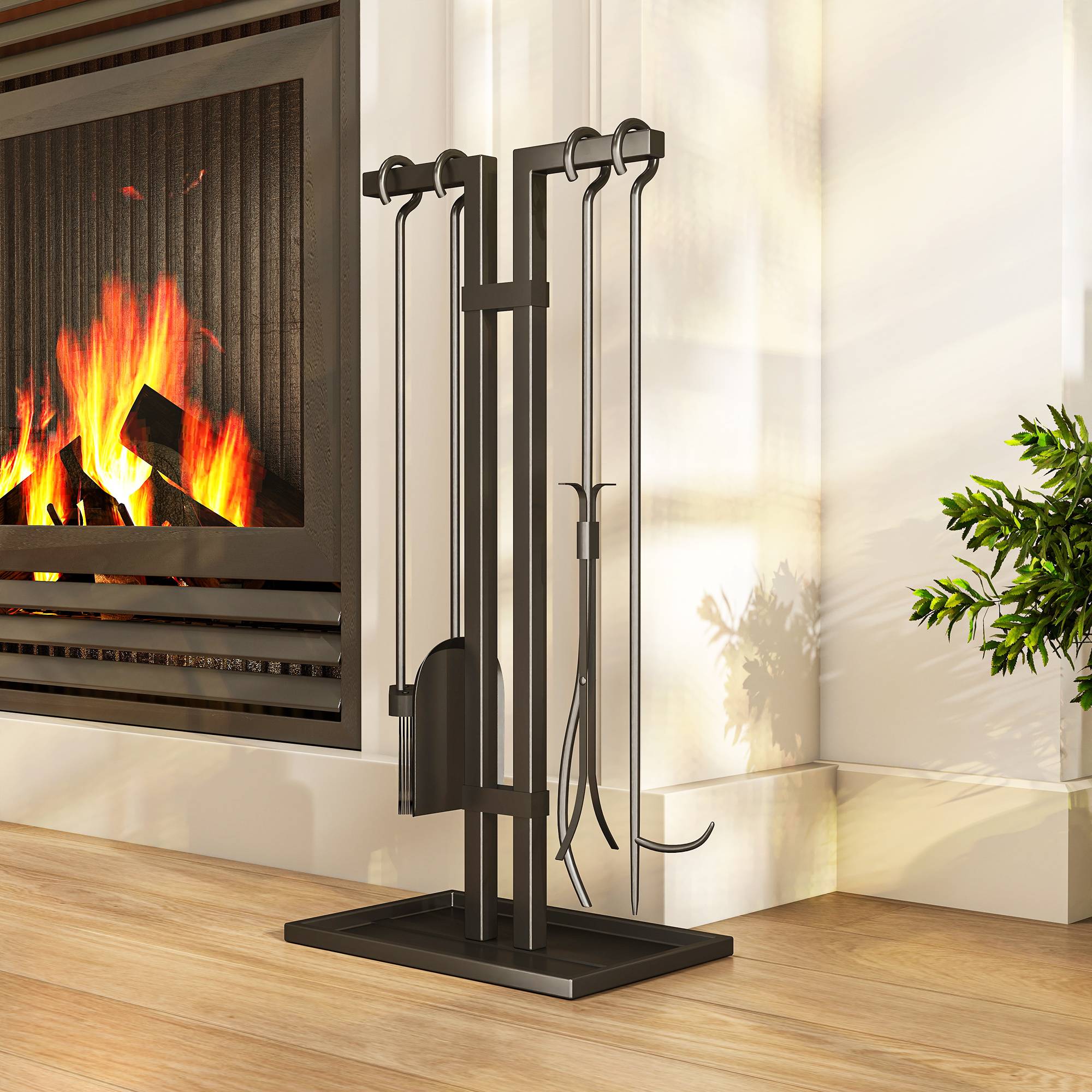 ComfortXL - Serviteur de cheminée 5 pièces en métal noir avec support rectangulaire 31 x 20 cm pour ranger les outils du foyer - Image 1