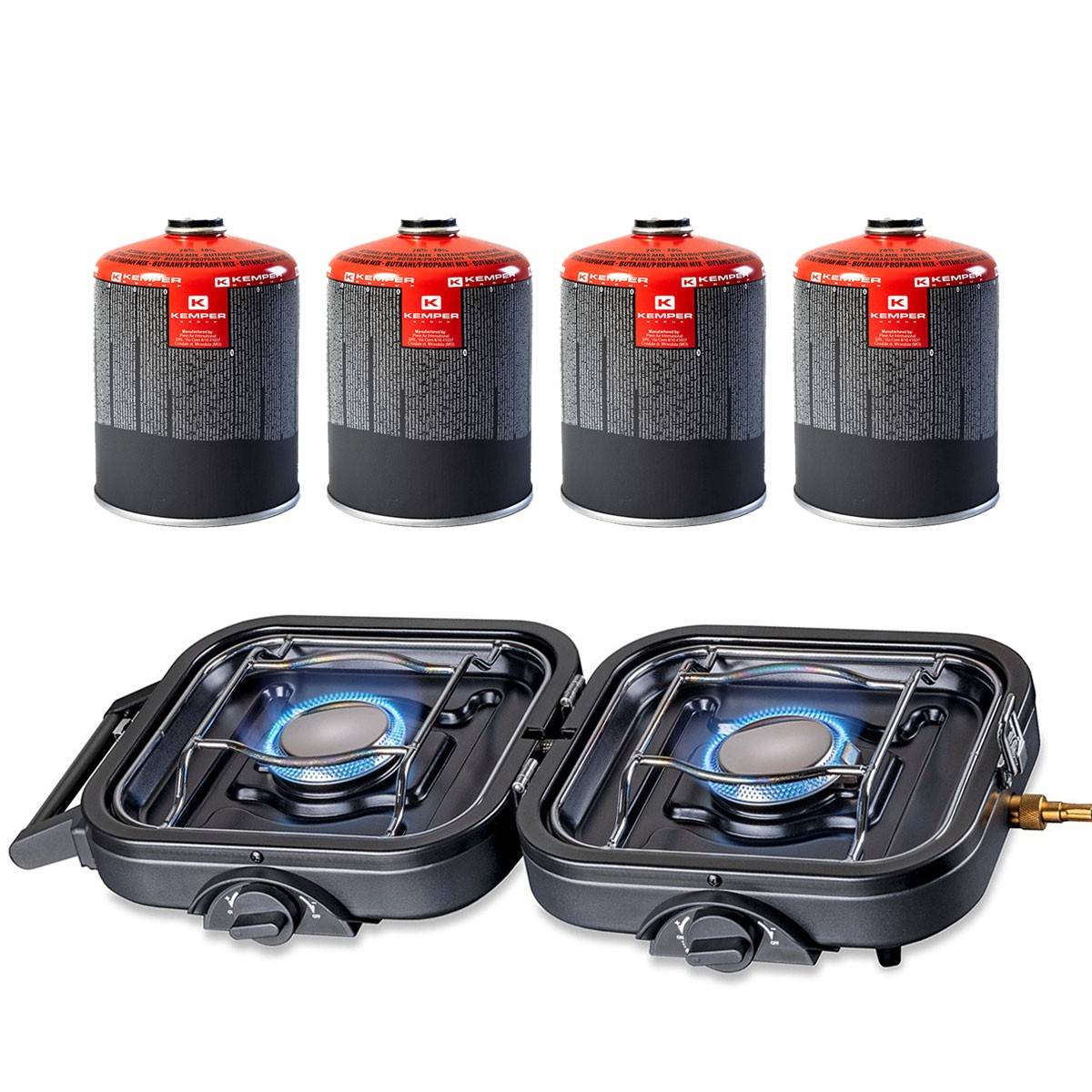 Réchaud gaz 2 feux 4600W pliable + 4 Cartouches de gaz KEMPER - Imagen 1