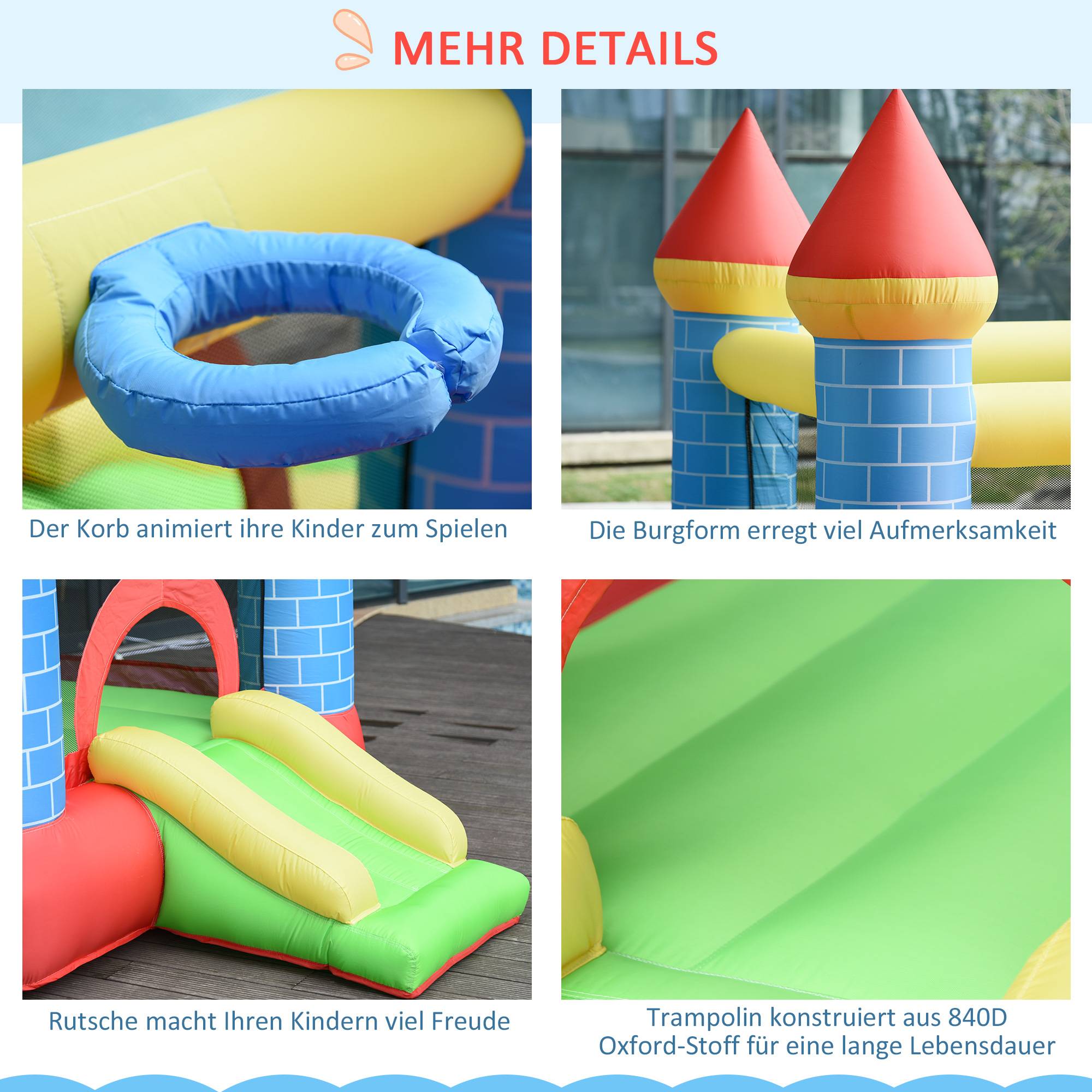 Château gonflable avec toboggan et piscine pour 3 enfants, avec gonfleur, pour les 3-8 ans, rouge, bleu et vert, 280 x 260 x 210 cm - Image 8