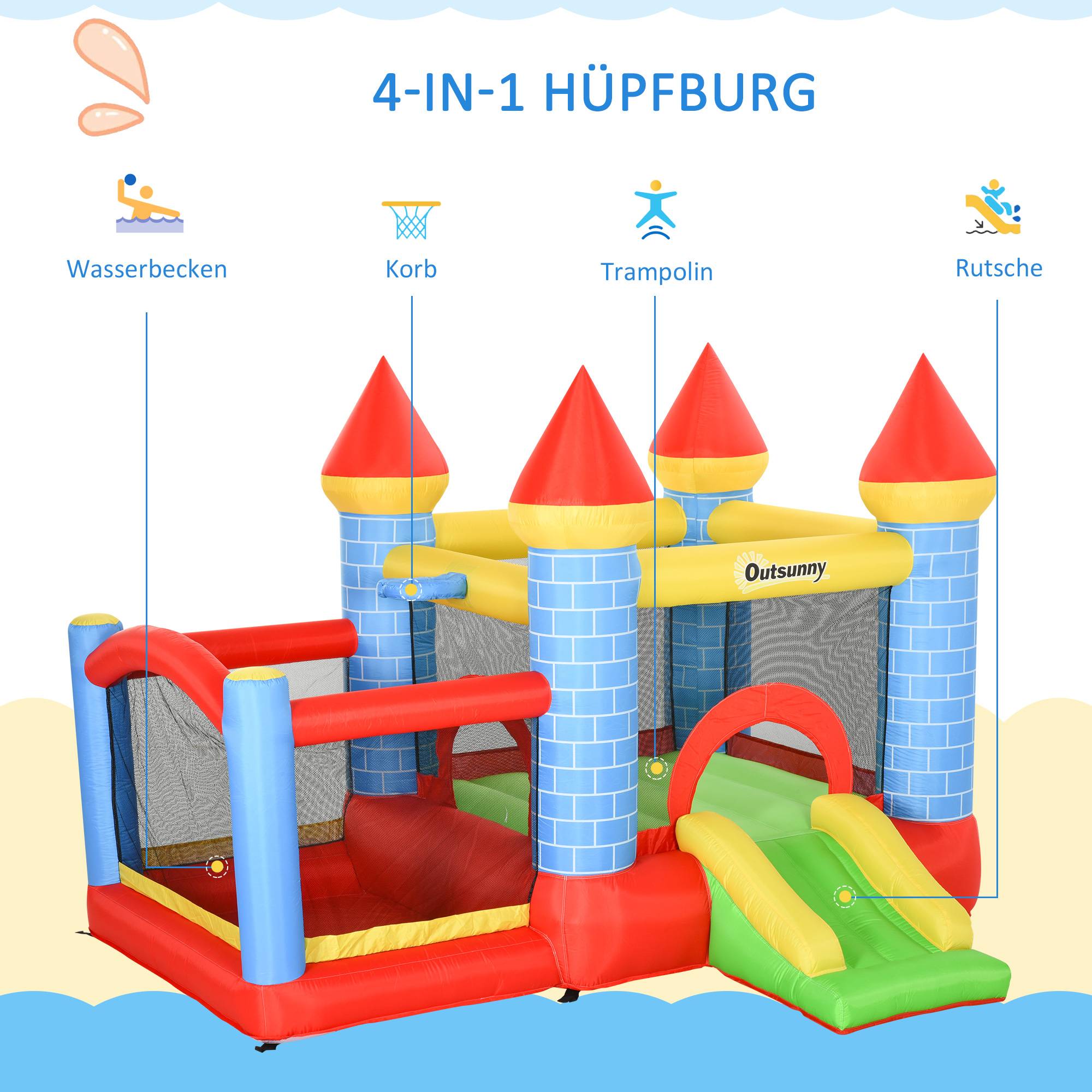 Château gonflable avec toboggan et piscine pour 3 enfants, avec gonfleur, pour les 3-8 ans, rouge, bleu et vert, 280 x 260 x 210 cm - Image 9