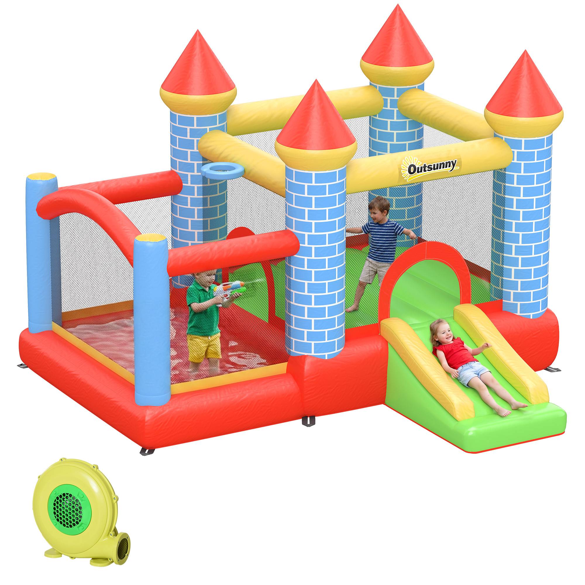 Château gonflable avec toboggan et piscine pour 3 enfants, avec gonfleur, pour les 3-8 ans, rouge, bleu et vert, 280 x 260 x 210 cm - Image 1