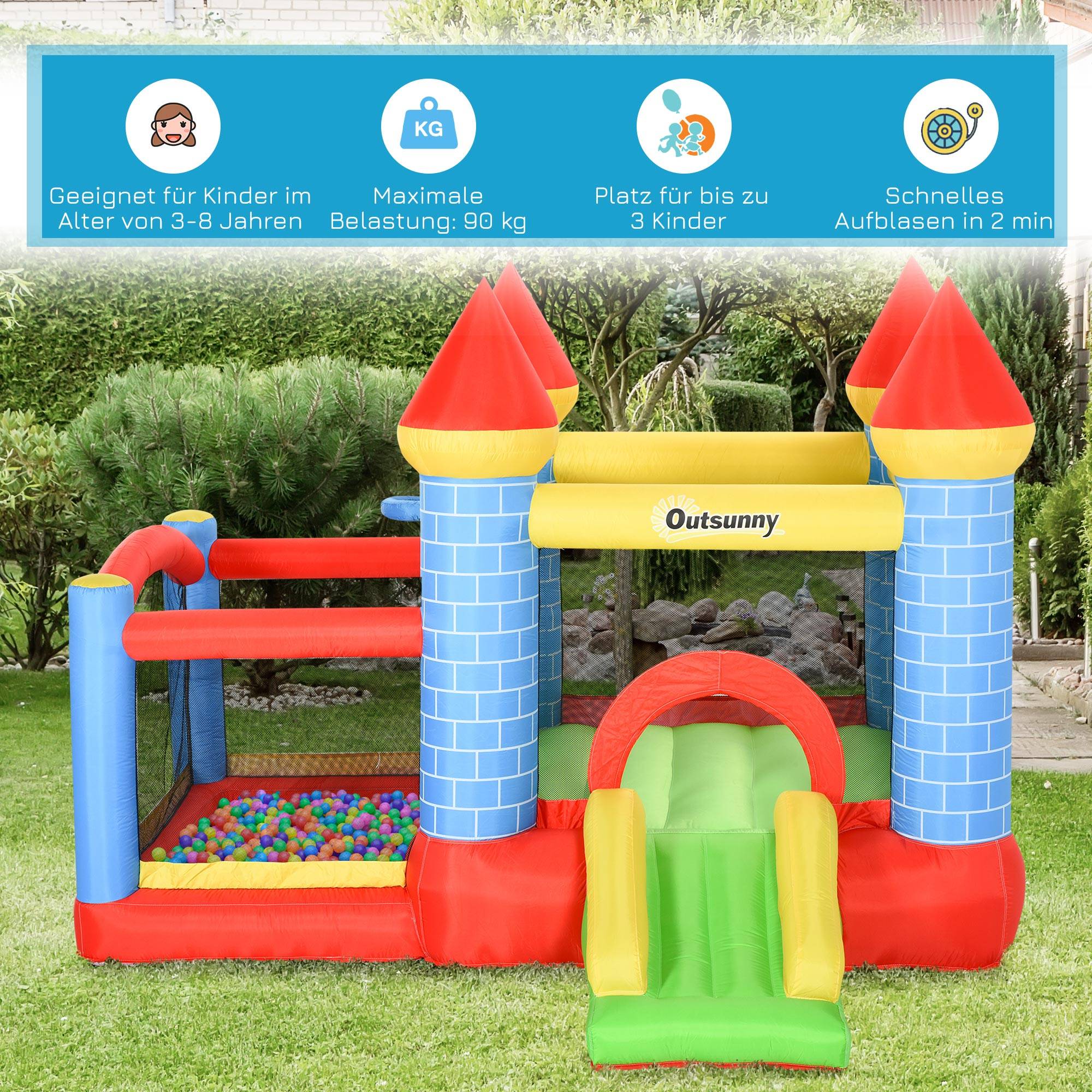 Château gonflable avec toboggan et piscine pour 3 enfants, avec gonfleur, pour les 3-8 ans, rouge, bleu et vert, 280 x 260 x 210 cm - Image 7