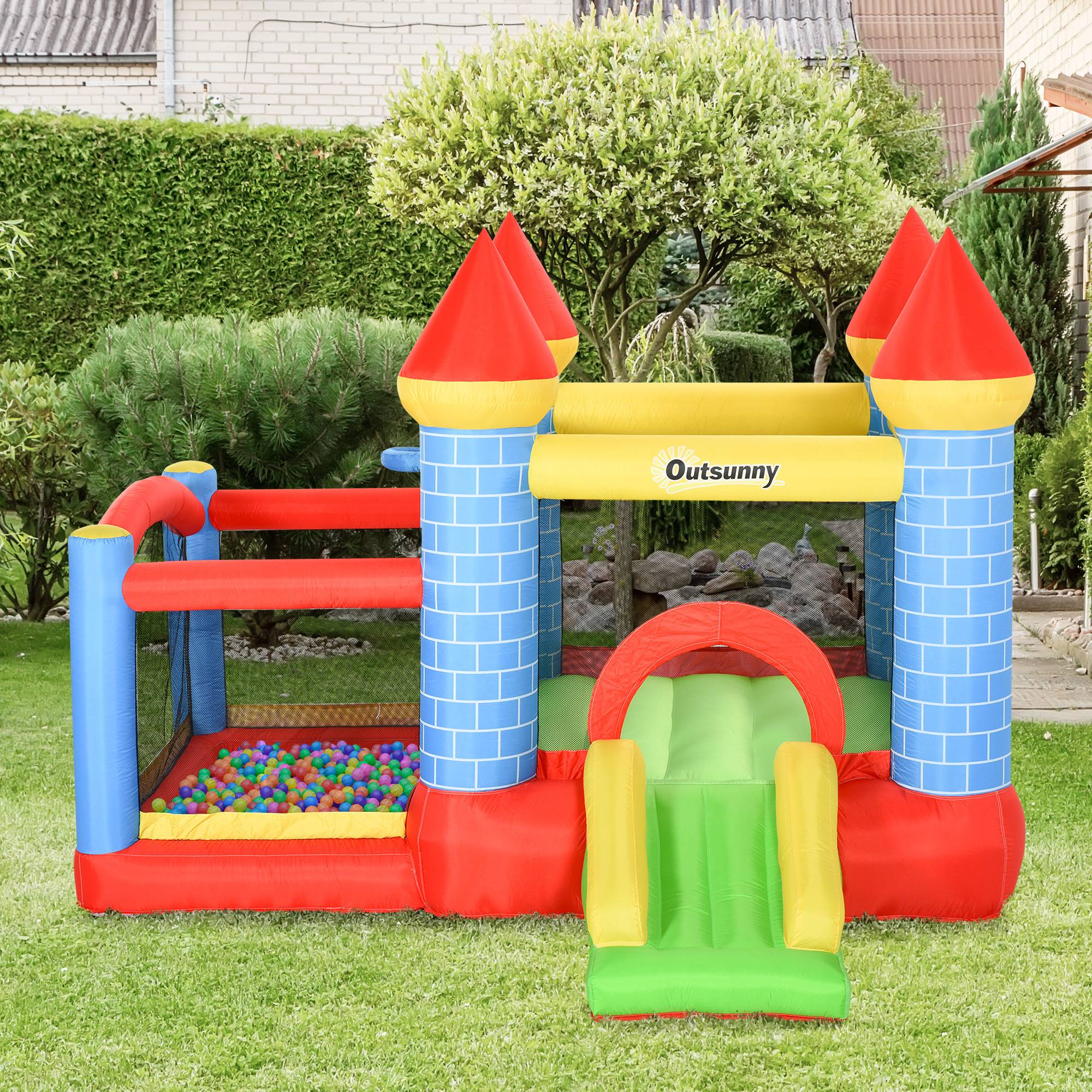 Château gonflable avec toboggan et piscine pour 3 enfants, avec gonfleur, pour les 3-8 ans, rouge, bleu et vert, 280 x 260 x 210 cm - Image 4
