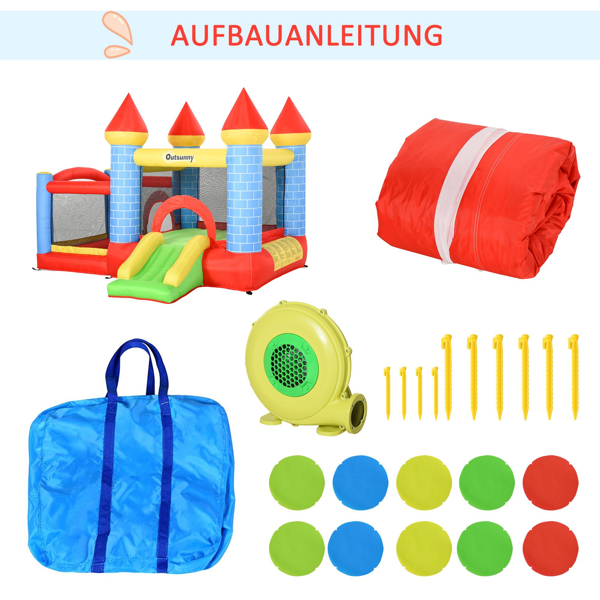 Château gonflable avec toboggan et piscine pour 3 enfants, avec gonfleur, pour les 3-8 ans, rouge, bleu et vert, 280 x 260 x 210 cm - Image 6
