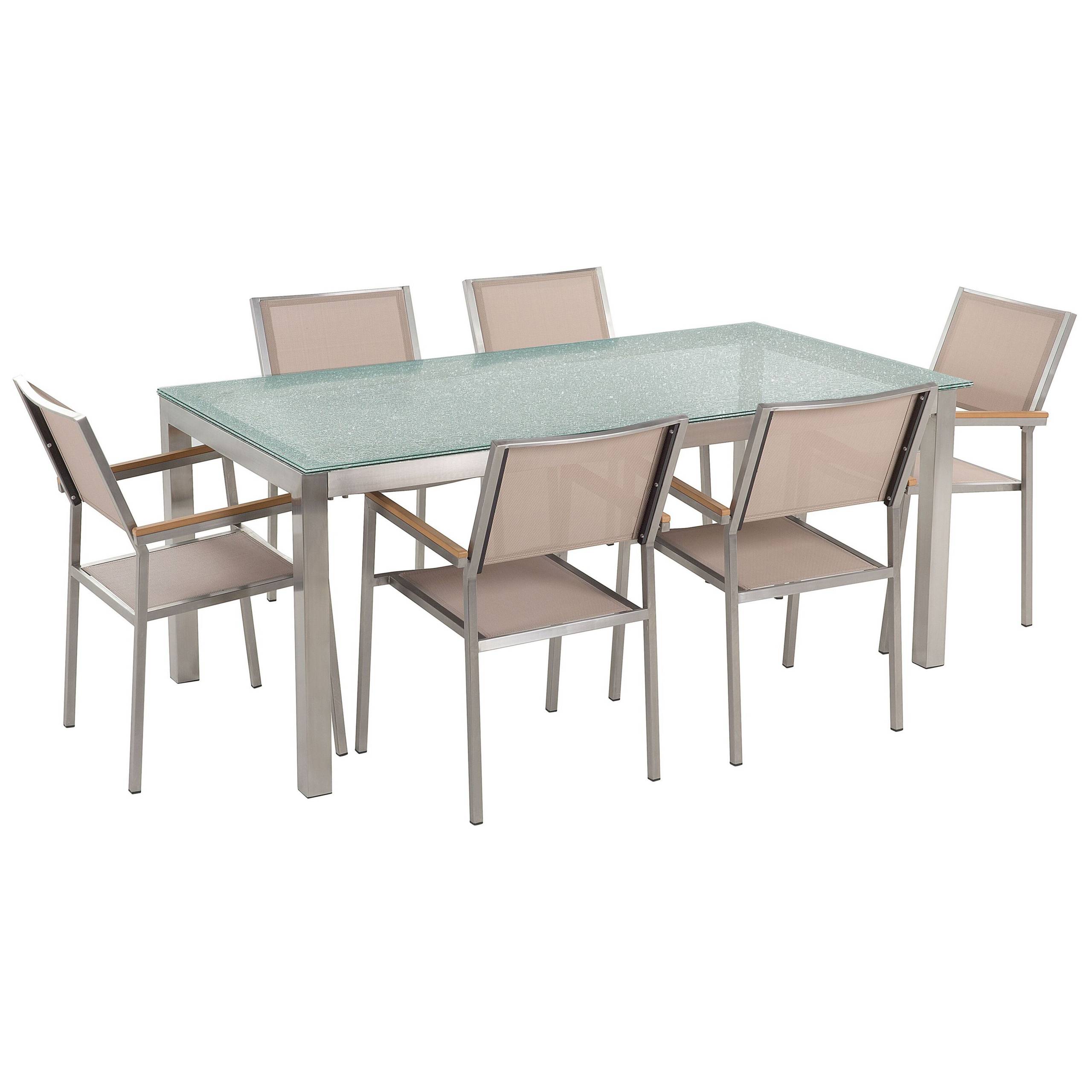 Beliani - Salon de Jardin composé d'une Table 180 x 90 cm et de 6 Chaises en Acier Inox, Textile Beige et Verre Effet Brisé au Design Moderne - Imagen 1