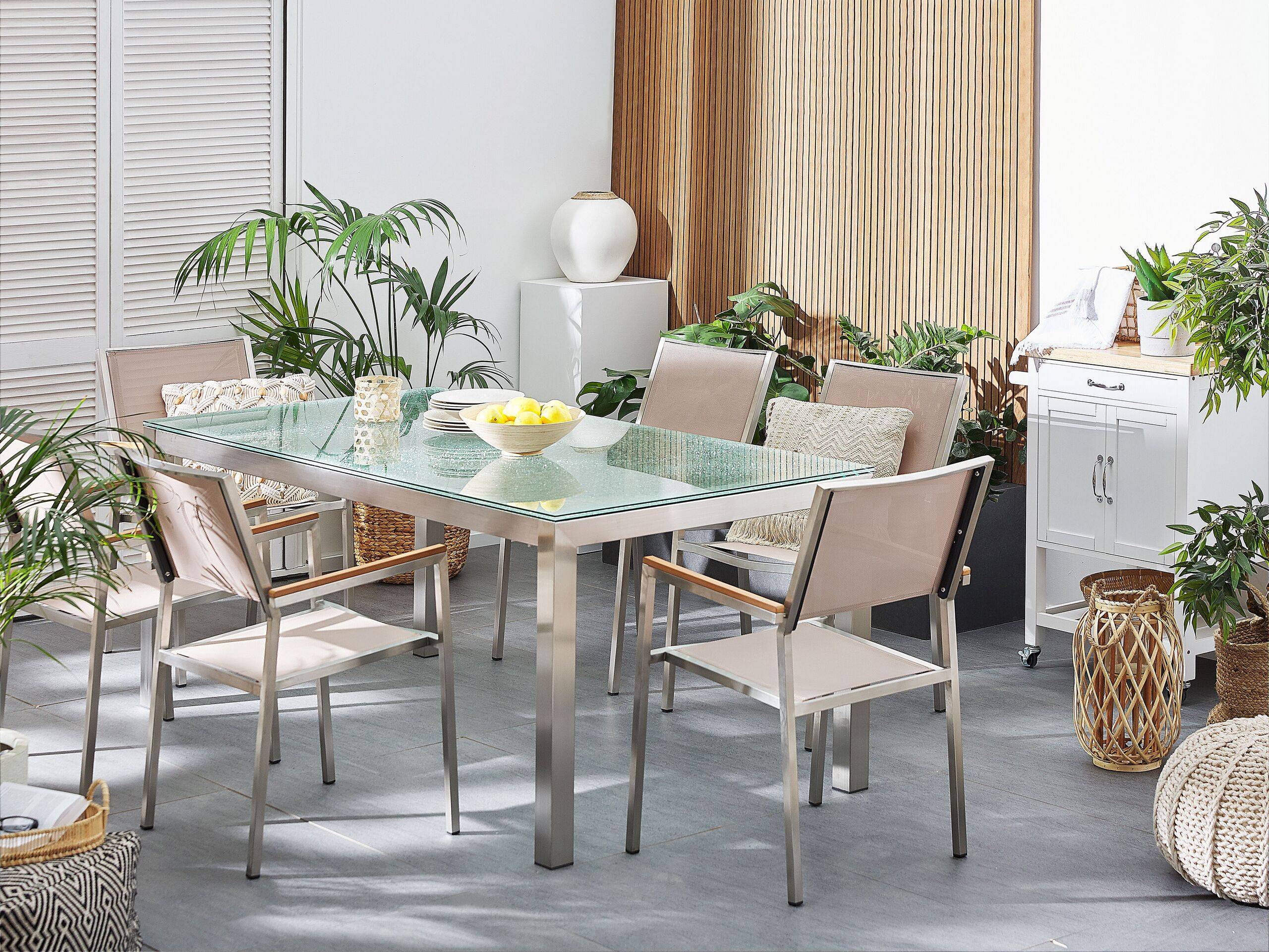 Beliani - Salon de Jardin composé d'une Table 180 x 90 cm et de 6 Chaises en Acier Inox, Textile Beige et Verre Effet Brisé au Design Moderne - Imagen 2