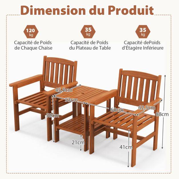 Ensemble de meubles de patio 2 places en bois salon de jardin avec 2 chaises table basse et trou pour parasol - Imagen 3