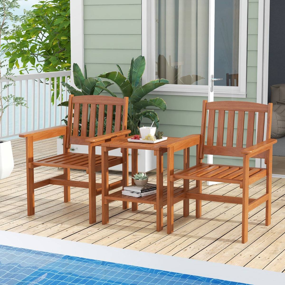 Ensemble de meubles de patio 2 places en bois salon de jardin avec 2 chaises table basse et trou pour parasol - Imagen 2