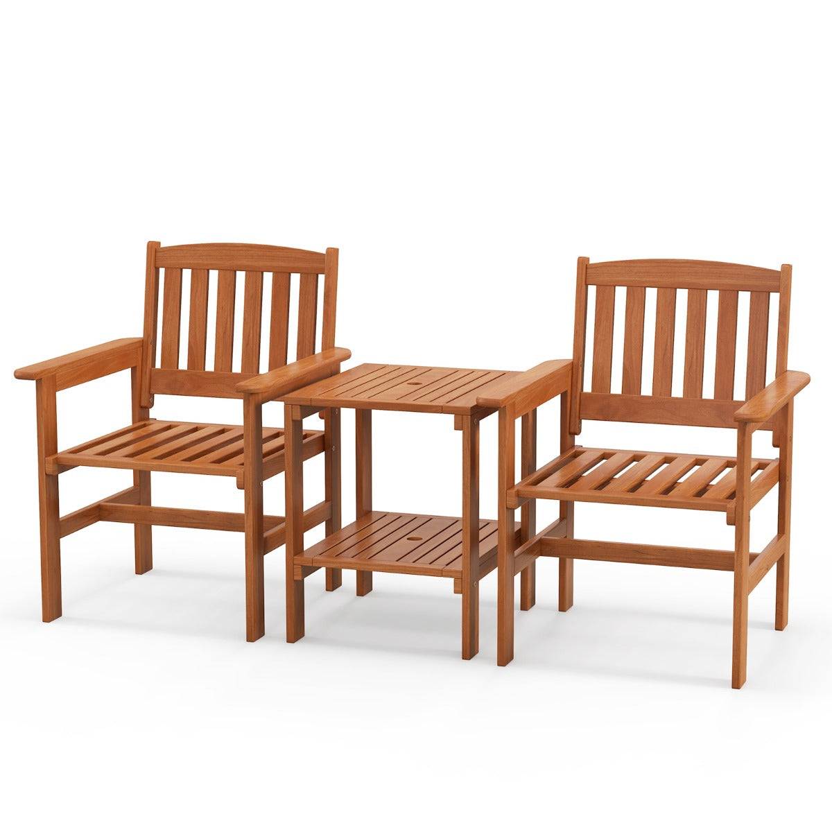 Ensemble de meubles de patio 2 places en bois salon de jardin avec 2 chaises table basse et trou pour parasol - Imagen 1