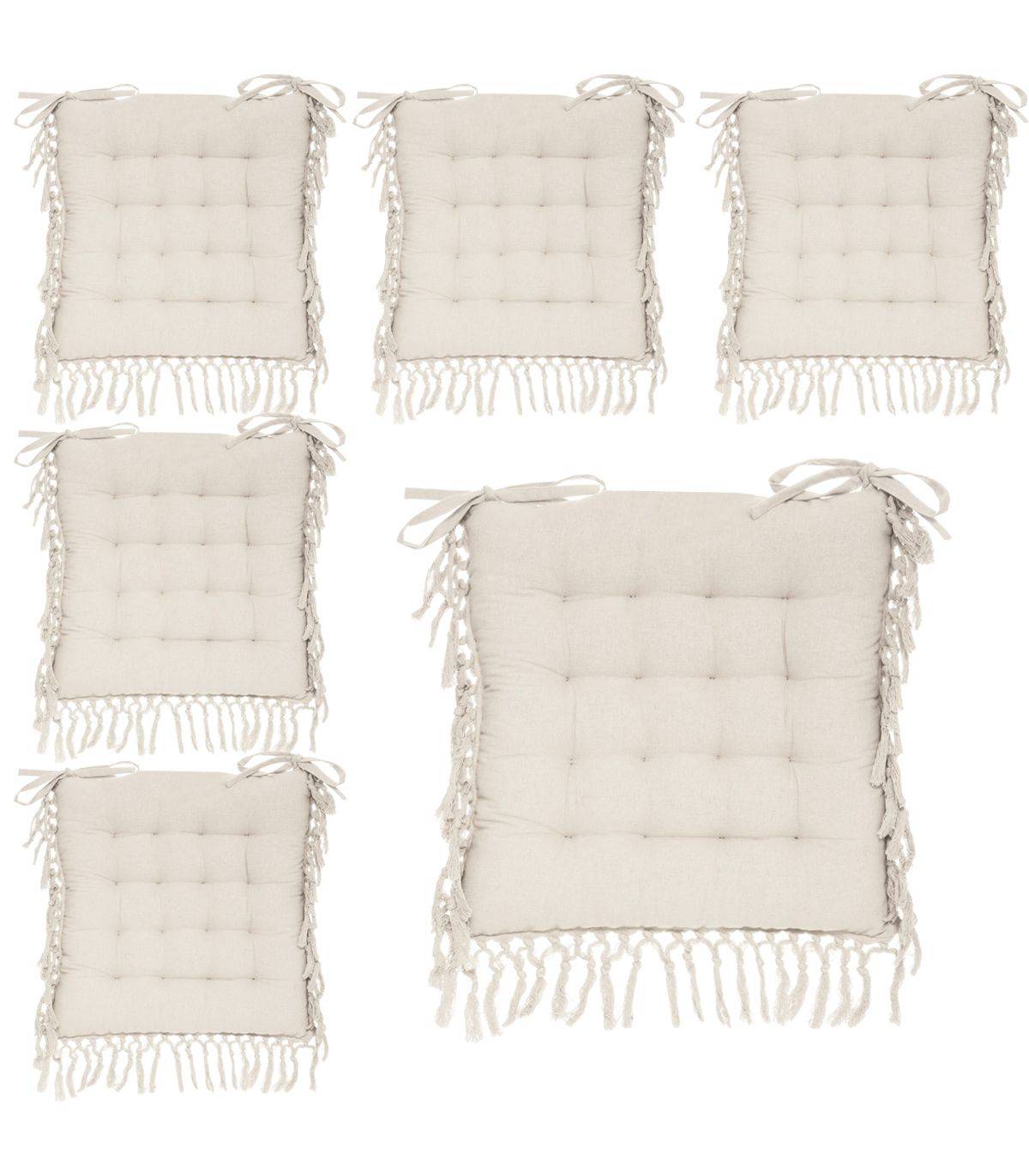 Lot de 6 Galettes de chaise en Coton Ivoire avec franges macramé 40 x 40 cm - Imagen 1