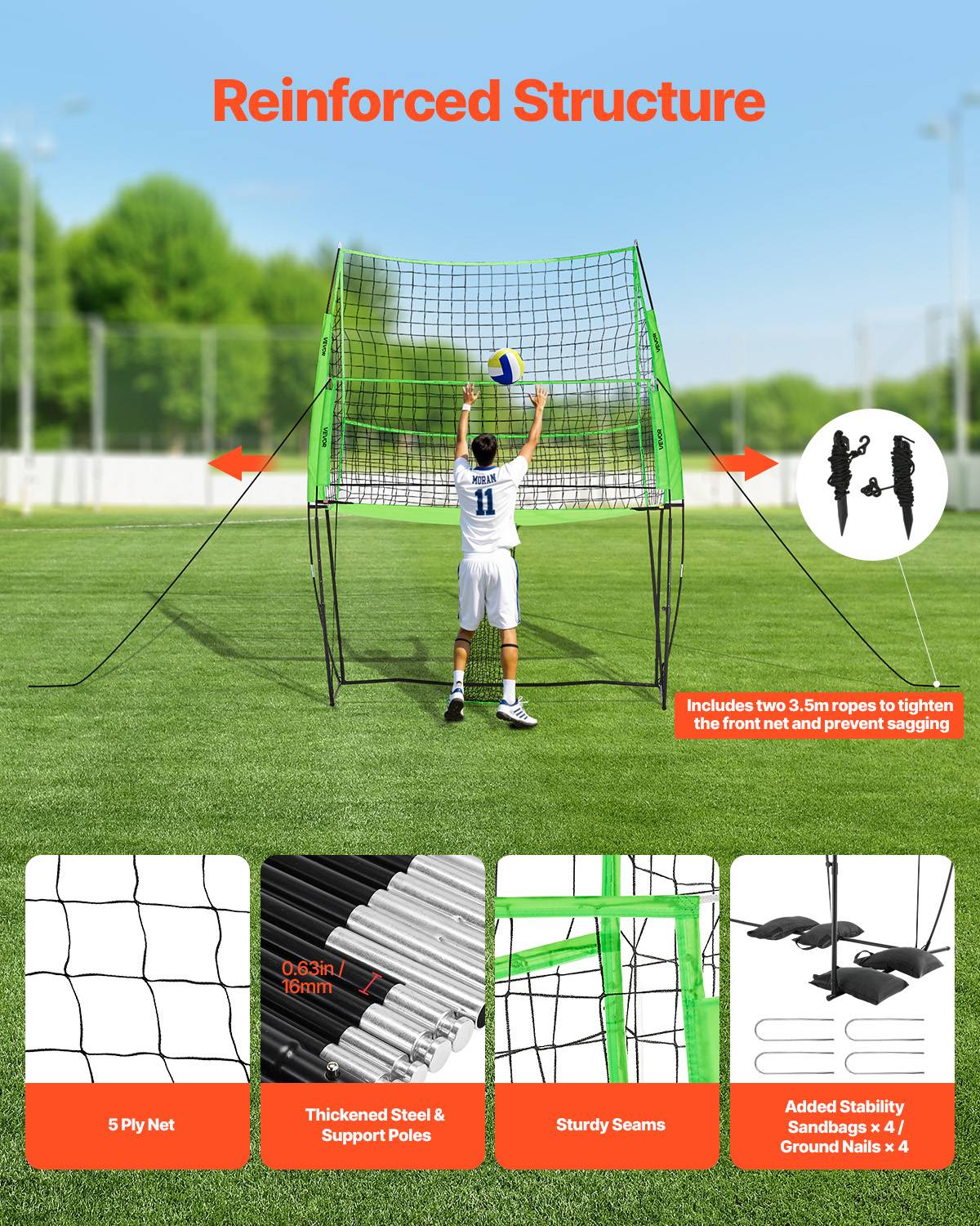 Vevor - VEVOR Filet de volley-ball portable, réglable 6,5–8 pieds, retour de balle, stable avec sacs de sable, facile à monter, pour intérieur et extérieur - Image 7