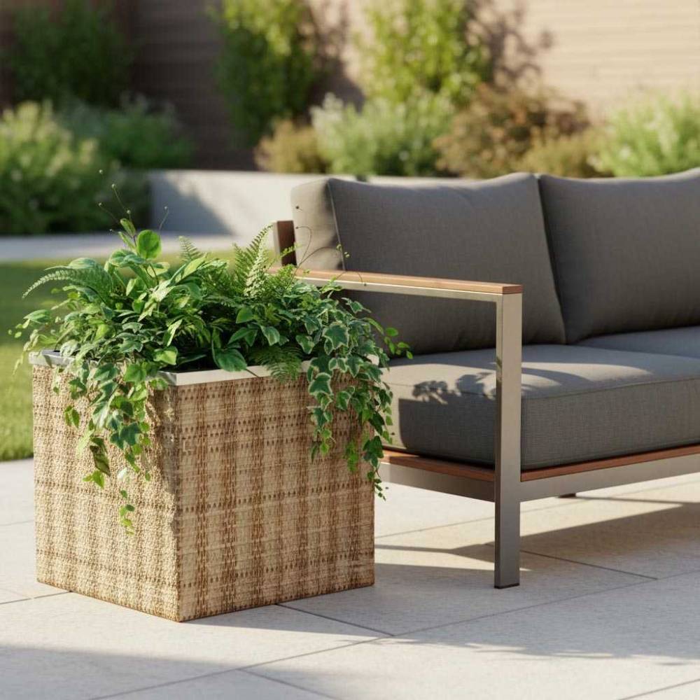 Rattan Art - Jardinière en résine tressée avec réserve d'eau et cadre en aluminium 50 x 50 x 43 cm - Imagen 2