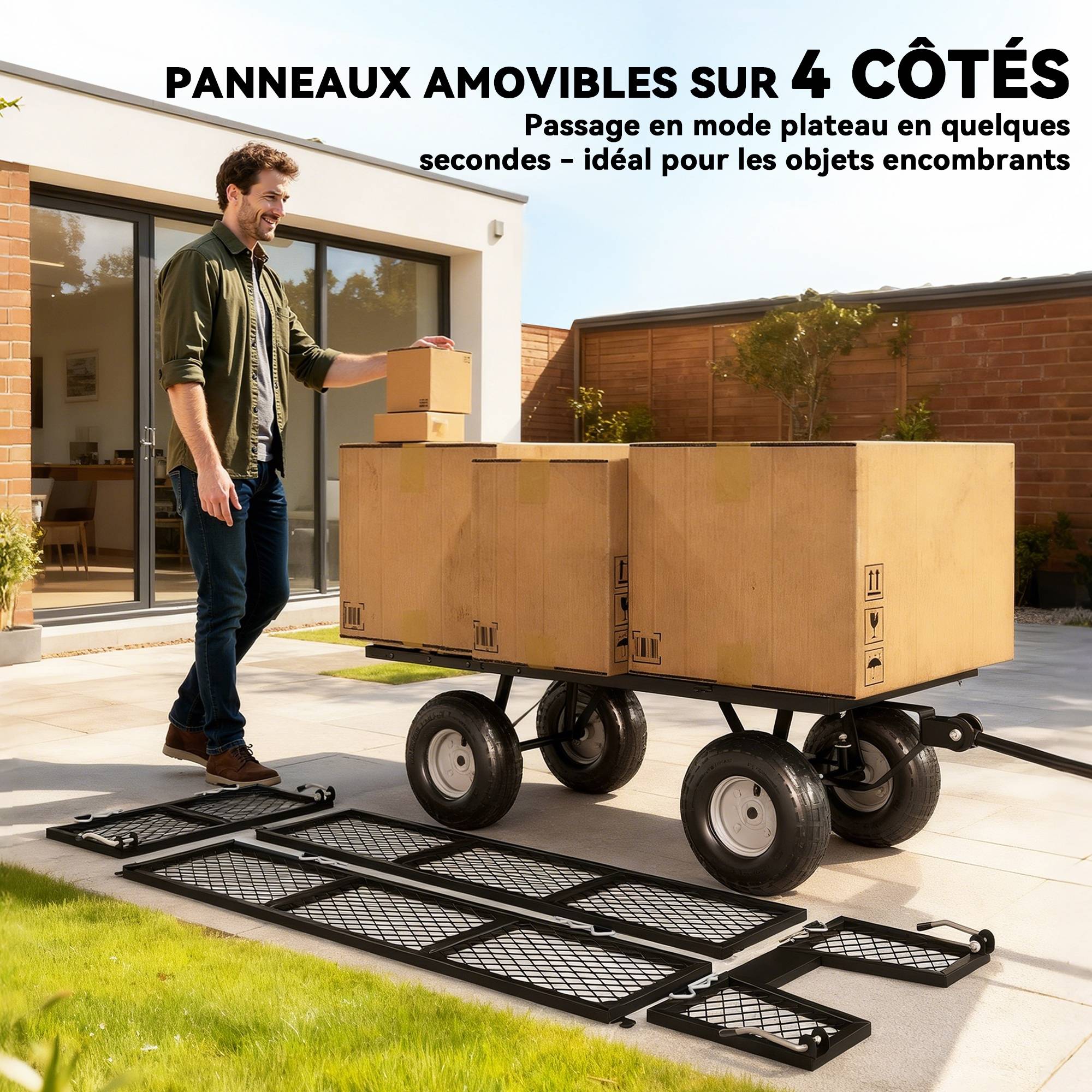 Chariot remorque jardin acier transport intensif bâche amovible 300kg 105x51x54cm - ComfortXL Outdoor Living - Image 6