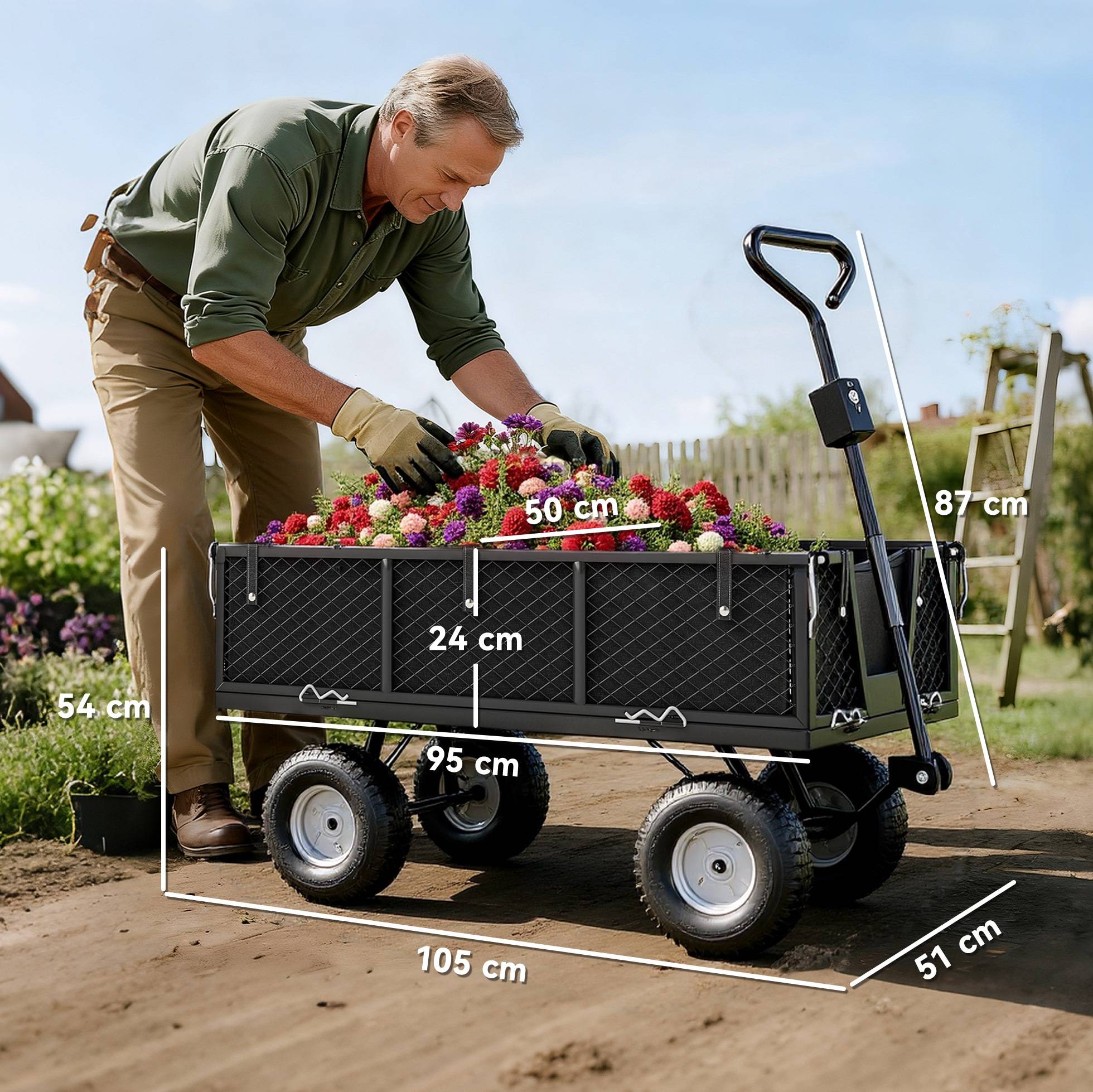 Chariot remorque jardin acier transport intensif bâche amovible 300kg 105x51x54cm - ComfortXL Outdoor Living - Image 5