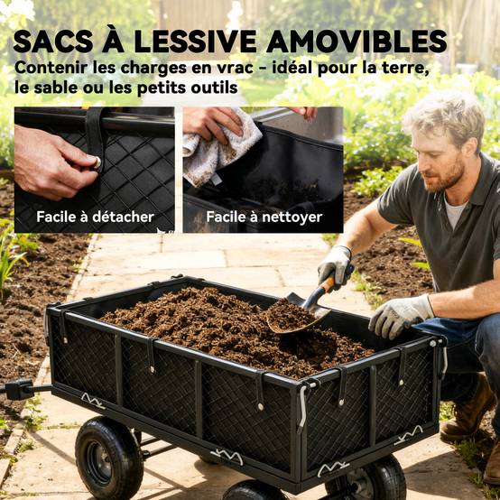 Chariot remorque jardin acier transport intensif bâche amovible 300kg 105x51x54cm - ComfortXL Outdoor Living - Image 7