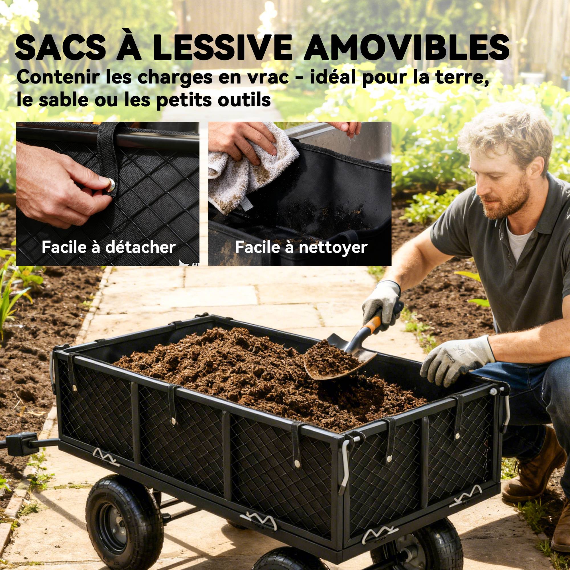 Chariot remorque jardin acier transport intensif bâche amovible 300kg 105x51x54cm - ComfortXL Outdoor Living - Image 7