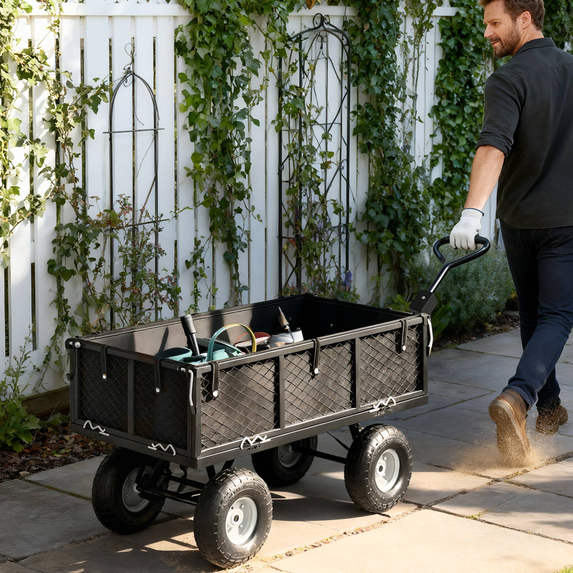 Chariot remorque jardin acier transport intensif bâche amovible 300kg 105x51x54cm - ComfortXL Outdoor Living - Image 4