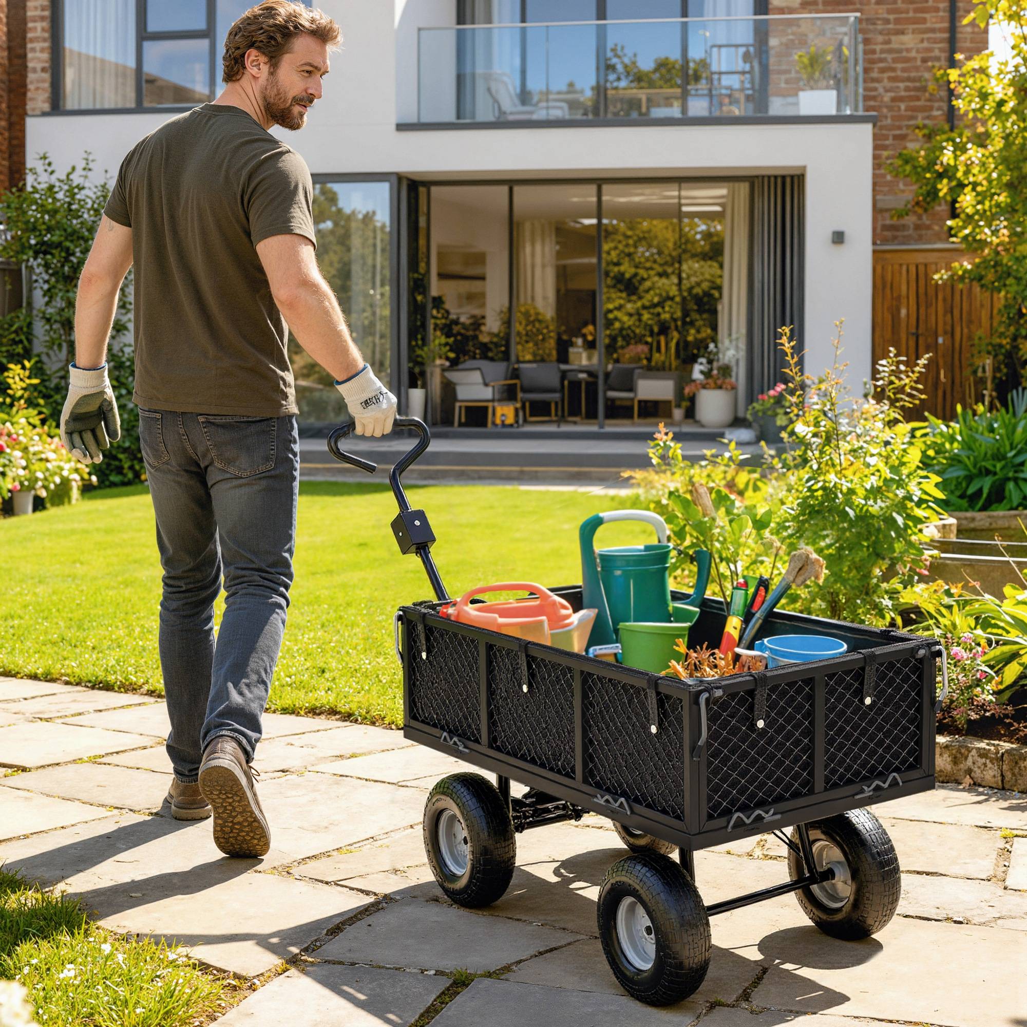 Chariot remorque jardin acier transport intensif bâche amovible 300kg 105x51x54cm - ComfortXL Outdoor Living - Image 3