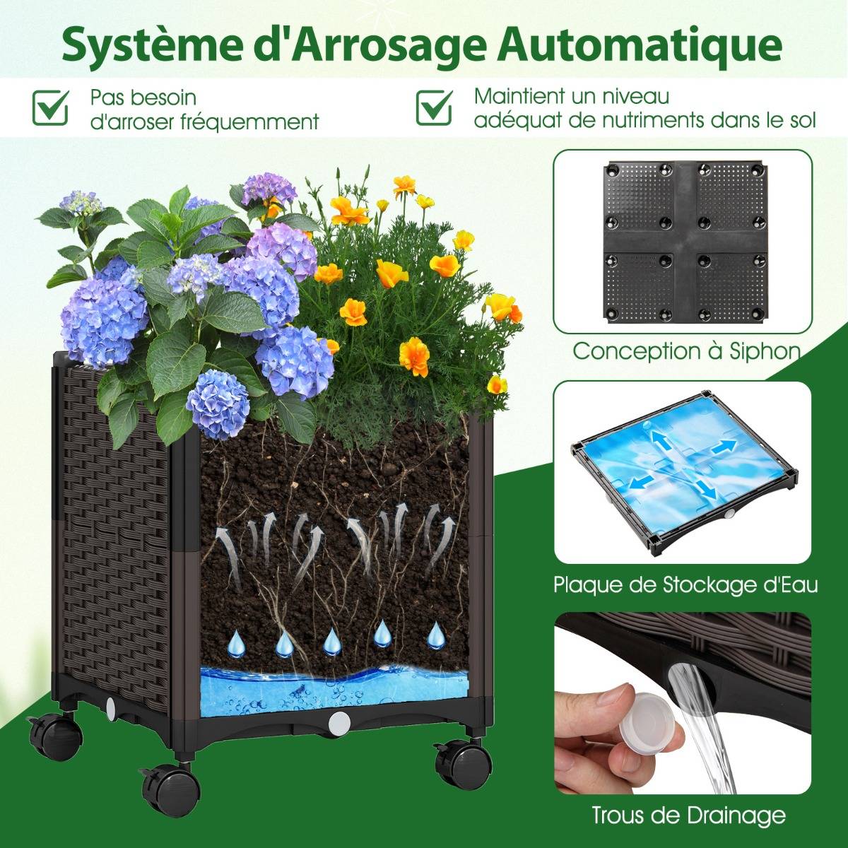 208 x 250cm Treillis d'Arche de Jardin avec 2 Jardinières Auto-irriguantes Roues Pergola en Métal Revêtu de PE Antirouille Noir MAISON CHIC - Image 8