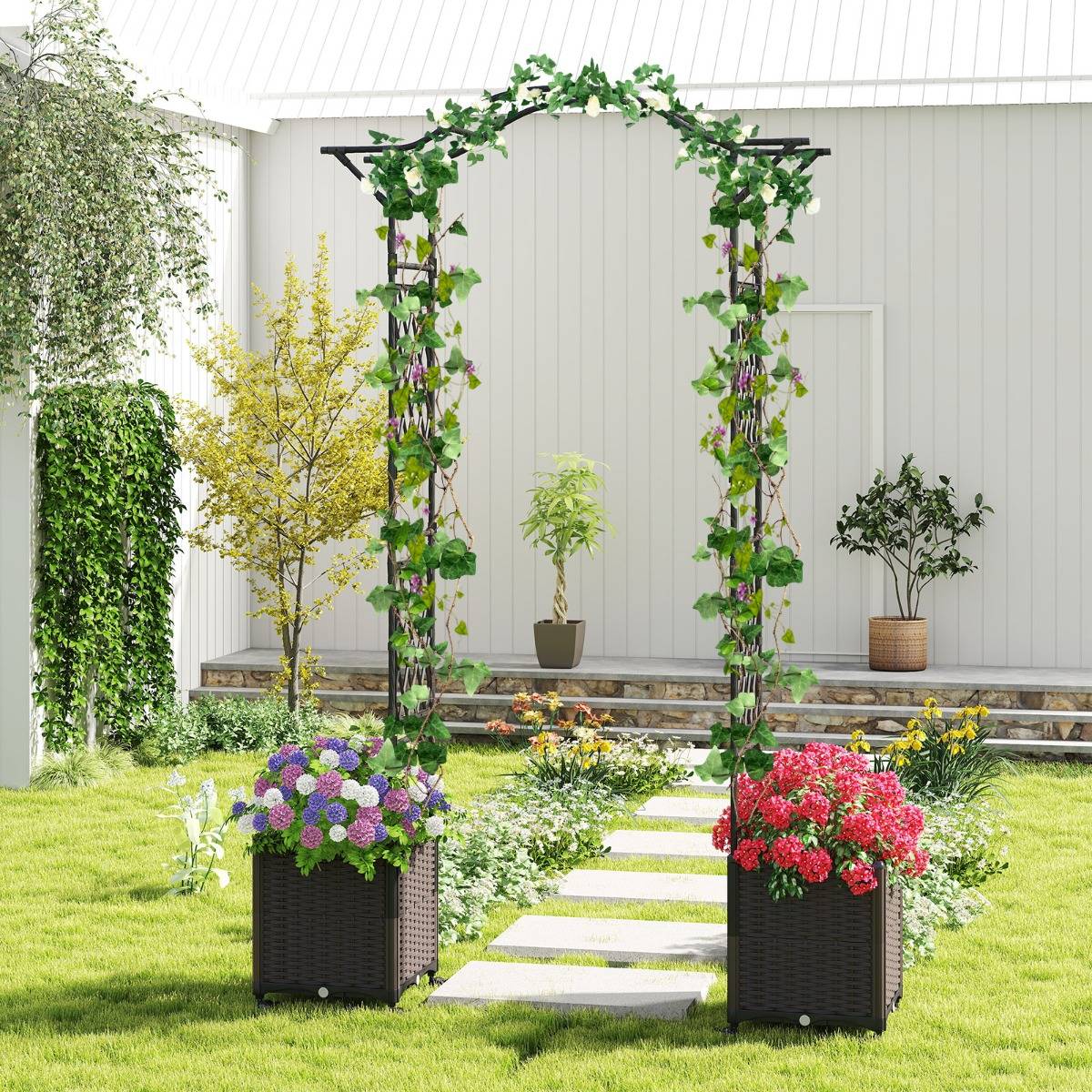208 x 250cm Treillis d'Arche de Jardin avec 2 Jardinières Auto-irriguantes Roues Pergola en Métal Revêtu de PE Antirouille Noir MAISON CHIC - Image 2