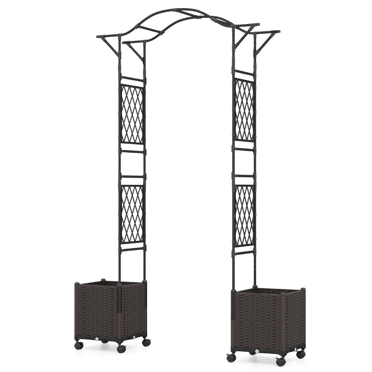 208 x 250cm Treillis d'Arche de Jardin avec 2 Jardinières Auto-irriguantes Roues Pergola en Métal Revêtu de PE Antirouille Noir MAISON CHIC - Image 3