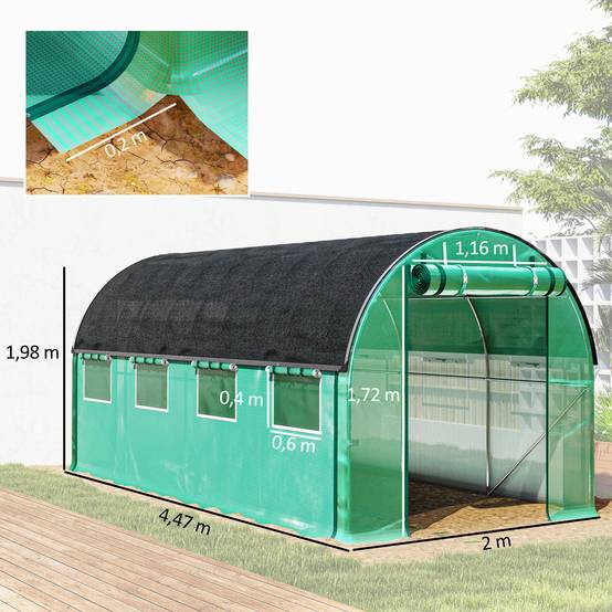 Serre Tunnel 9m² avec Double Porte et Parois Enroulables + Bâche d'Ombrage Vert - ComfortXL Outdoor Living - Image 5