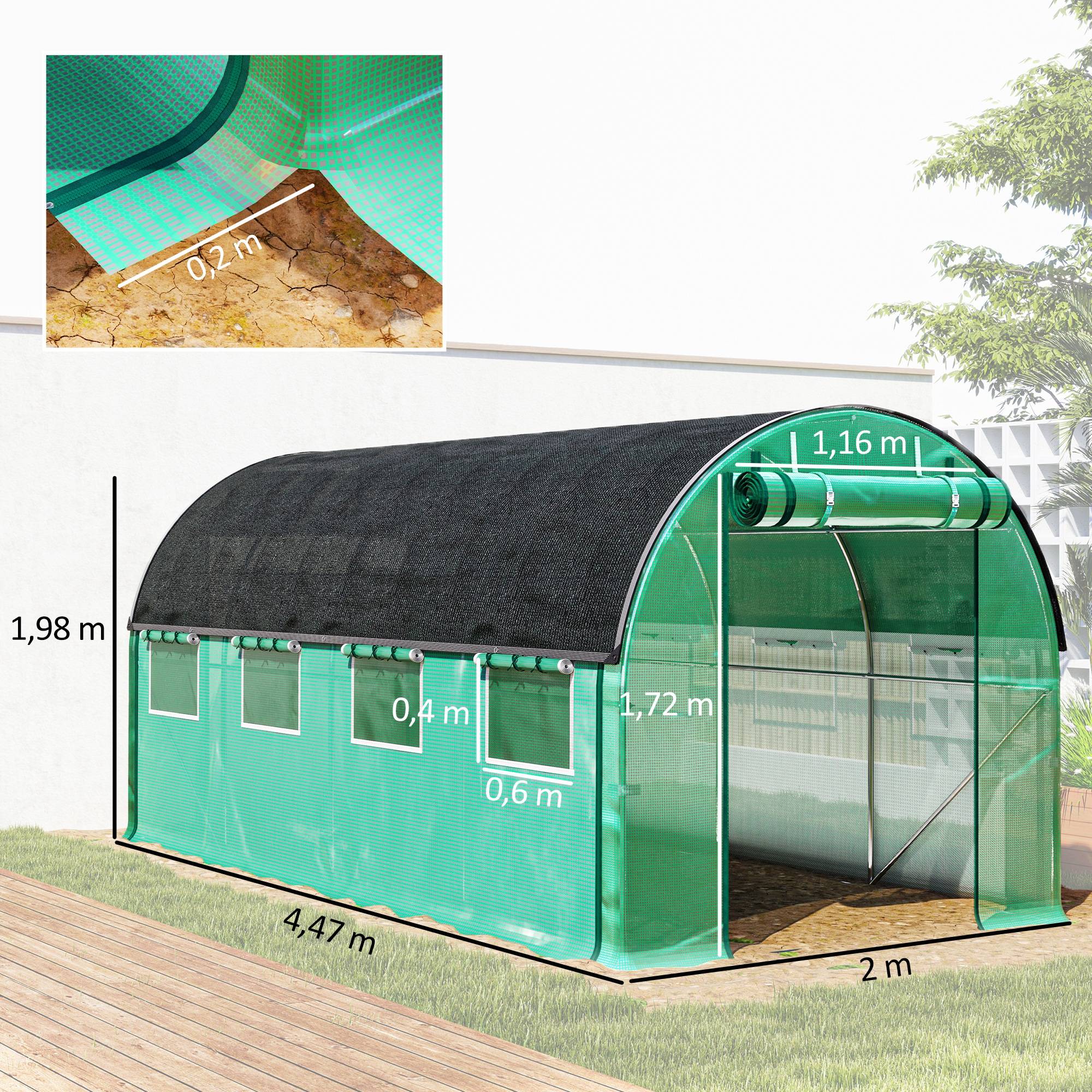 Serre Tunnel 9m² avec Double Porte et Parois Enroulables + Bâche d'Ombrage Vert - ComfortXL Outdoor Living - Image 5