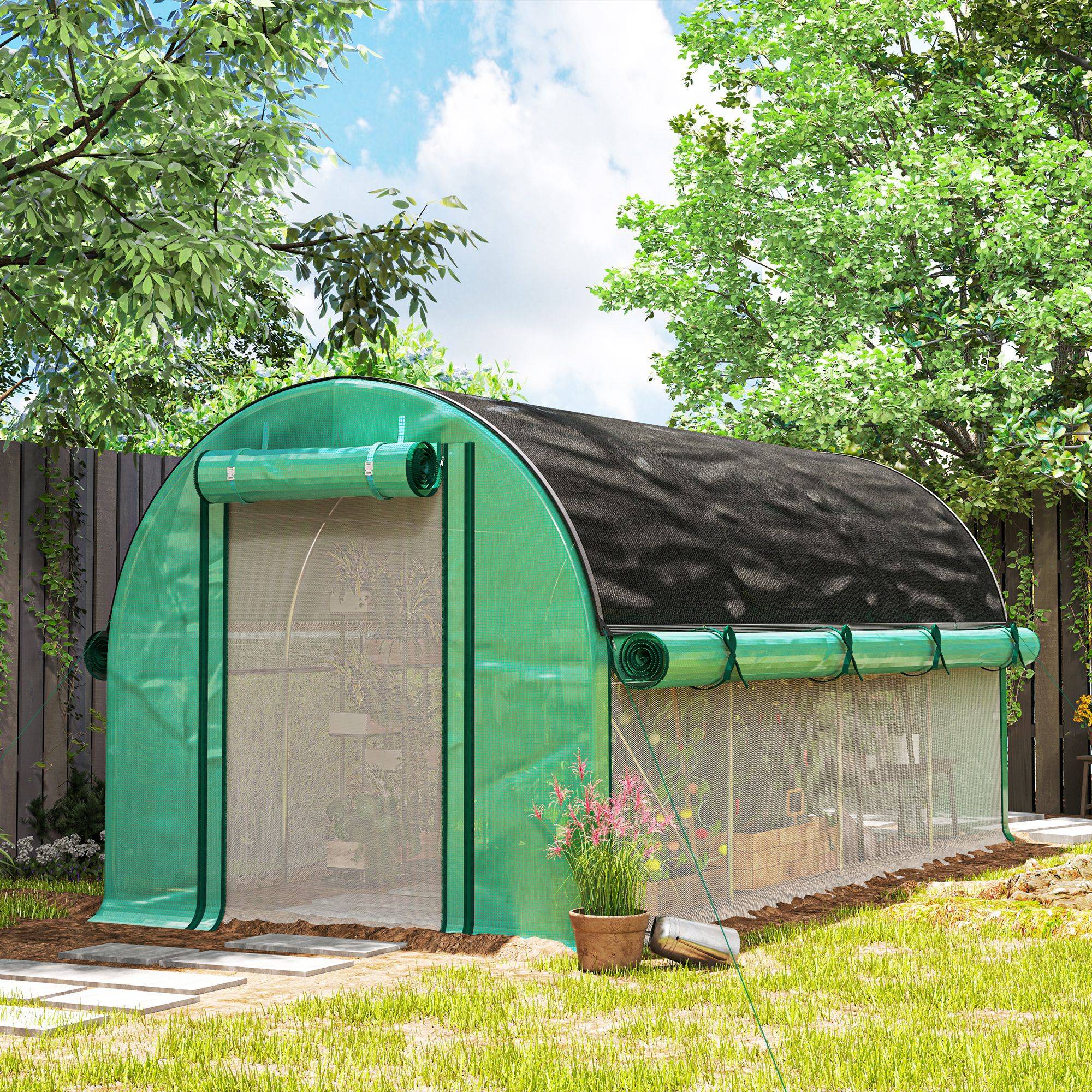 Serre Tunnel 9m² avec Double Porte et Parois Enroulables + Bâche d'Ombrage Vert - ComfortXL Outdoor Living - Image 3