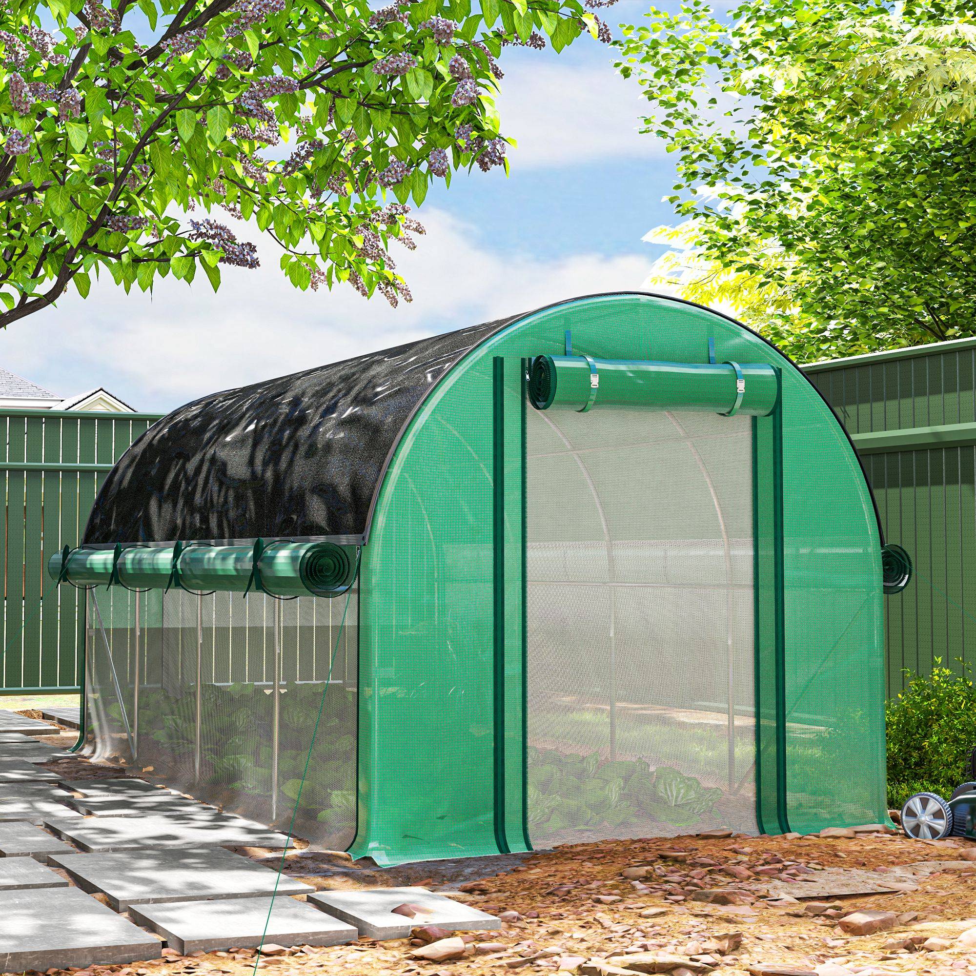 Serre Tunnel 9m² avec Double Porte et Parois Enroulables + Bâche d'Ombrage Vert - ComfortXL Outdoor Living - Image 4