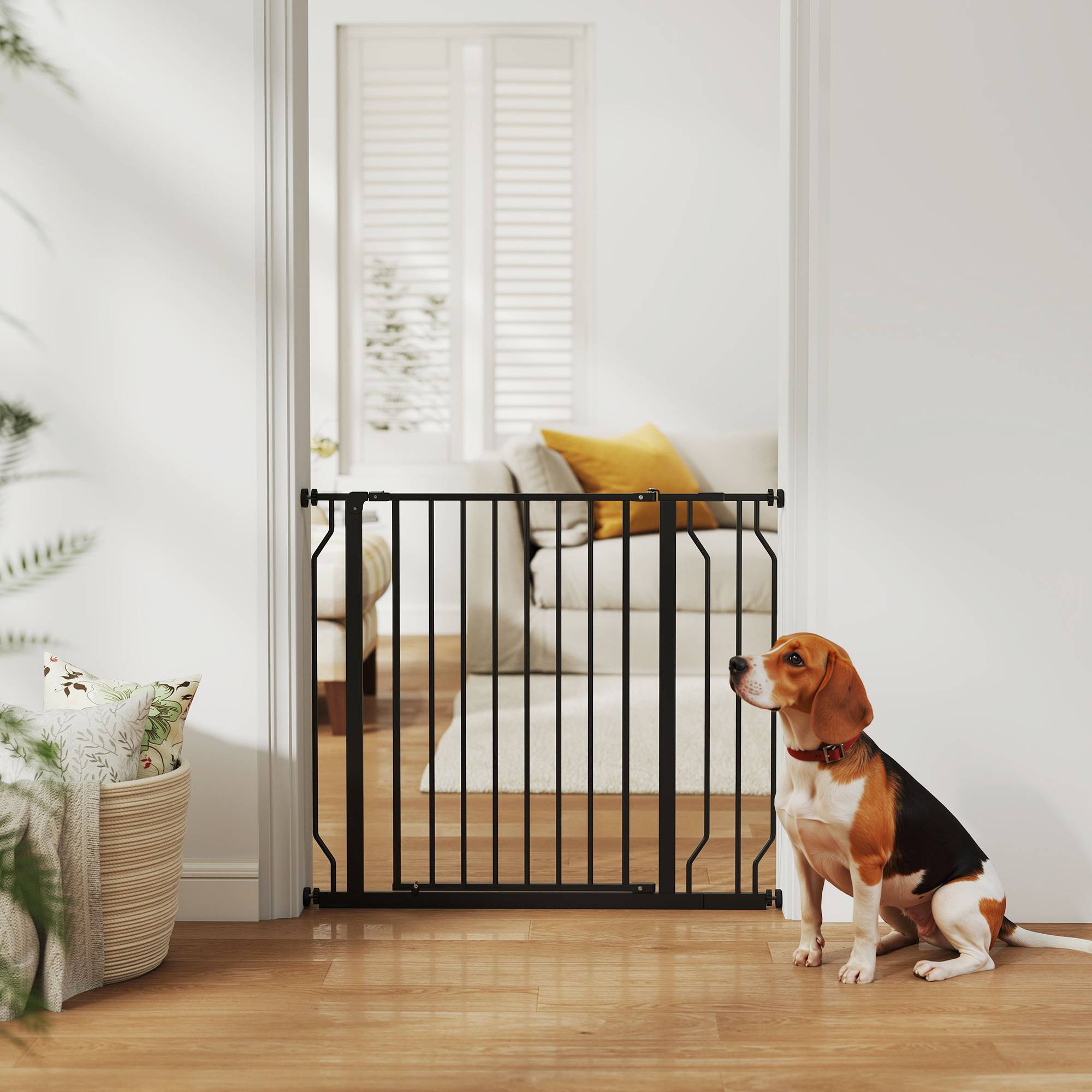 Barrière de sécurité pour chien avec 2 extensions, fixation par pression, double verrouillage pour portes et escaliers, 75-95 cm, noire - Image 4