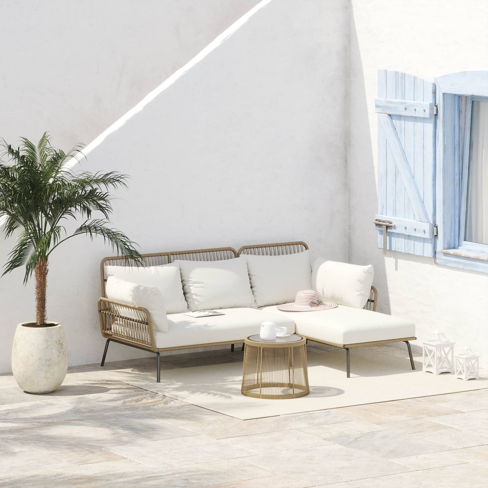 ComfortXL - Salon de jardin 3 pièces en résine tressée café crème canapé d’angle méridienne table pour terrasse extérieure - Image 1