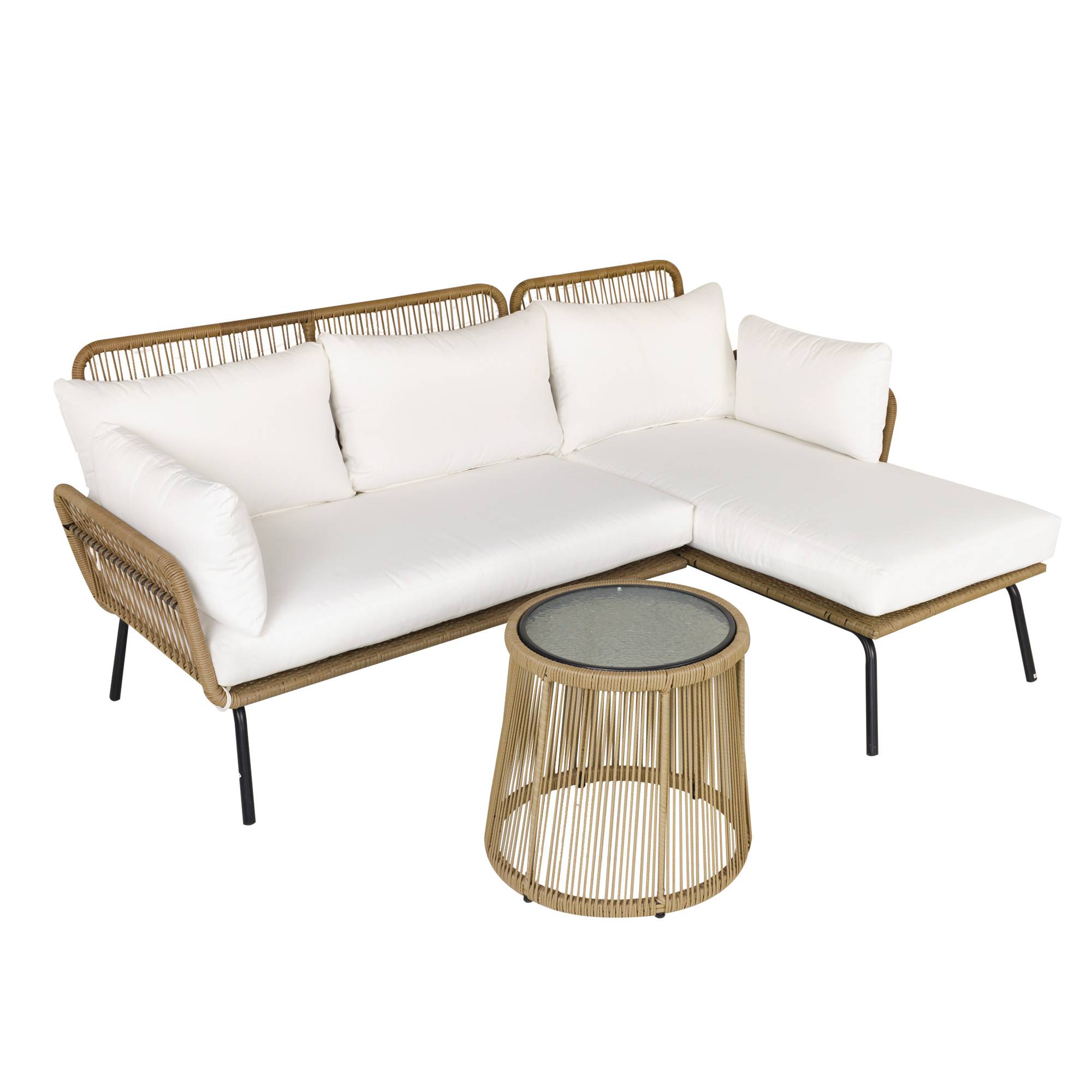 ComfortXL - Salon de jardin 3 pièces en résine tressée café crème canapé d’angle méridienne table pour terrasse extérieure - Image 2