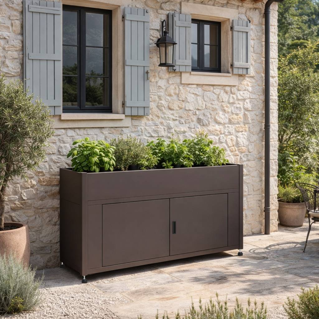 Couleurs du monde - Armoire grand format marron avec jardinière intégrée – meuble extérieur pratique et naturel - Image 1