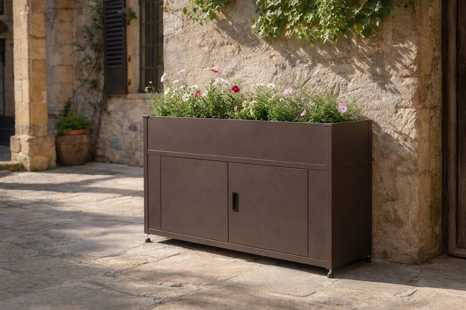 Couleurs du monde - Armoire grand format marron avec jardinière intégrée – meuble extérieur pratique et naturel - Image 3