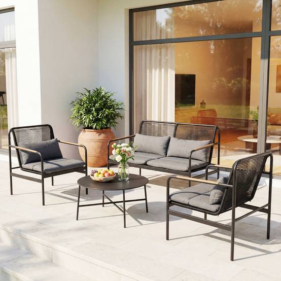 Salon de Jardin 4 Pièces Loveseat & 2 Fauteuils avec Table Basse Coussins Rotin PE Gris MAISON CHIC - Image 2